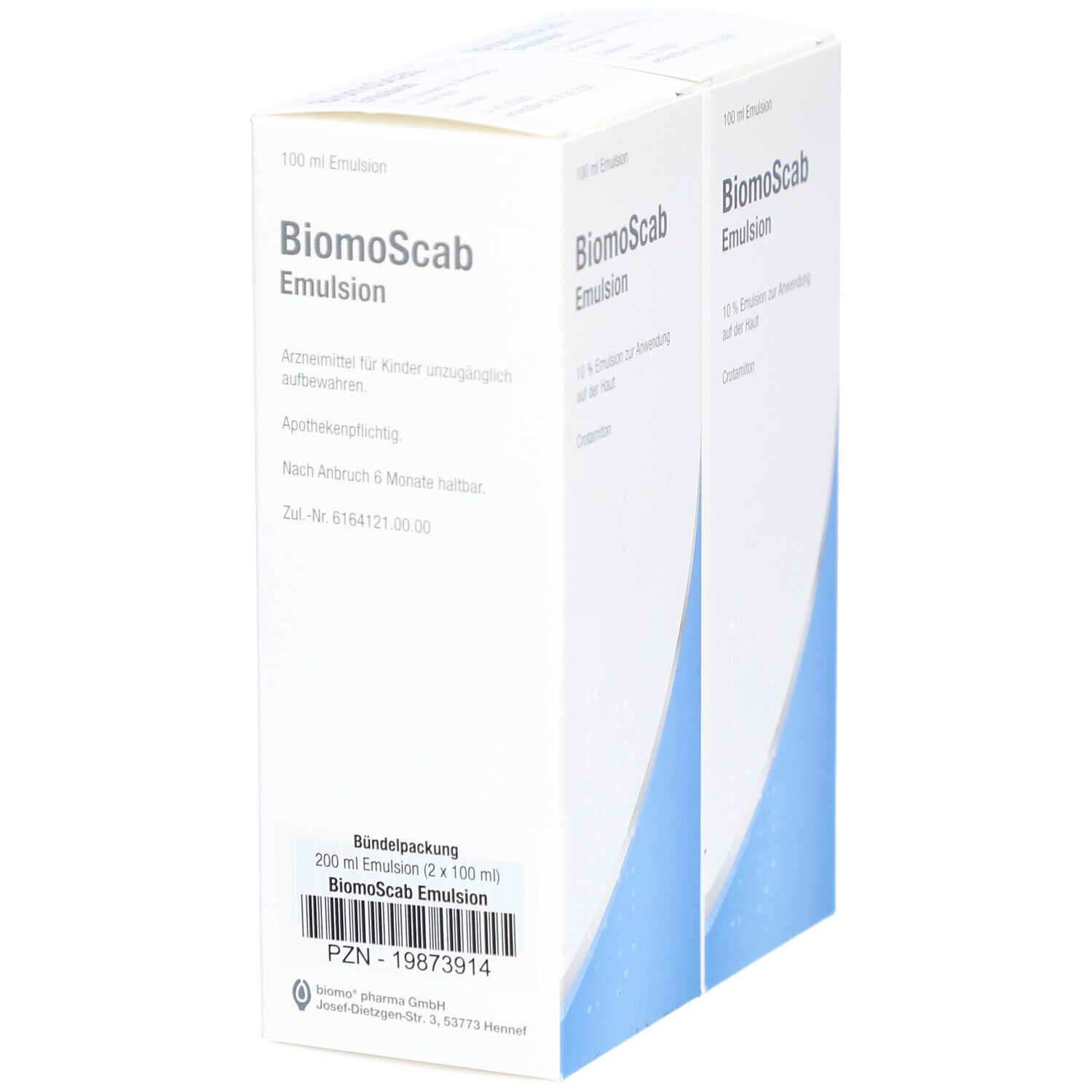 Zwei Packungen Biomoscab Emulsion. Weiße Schachteln mit blauer Wellenform. Text: 2 x 100 ml Biomoscab Emulsion. PZN-19873914.