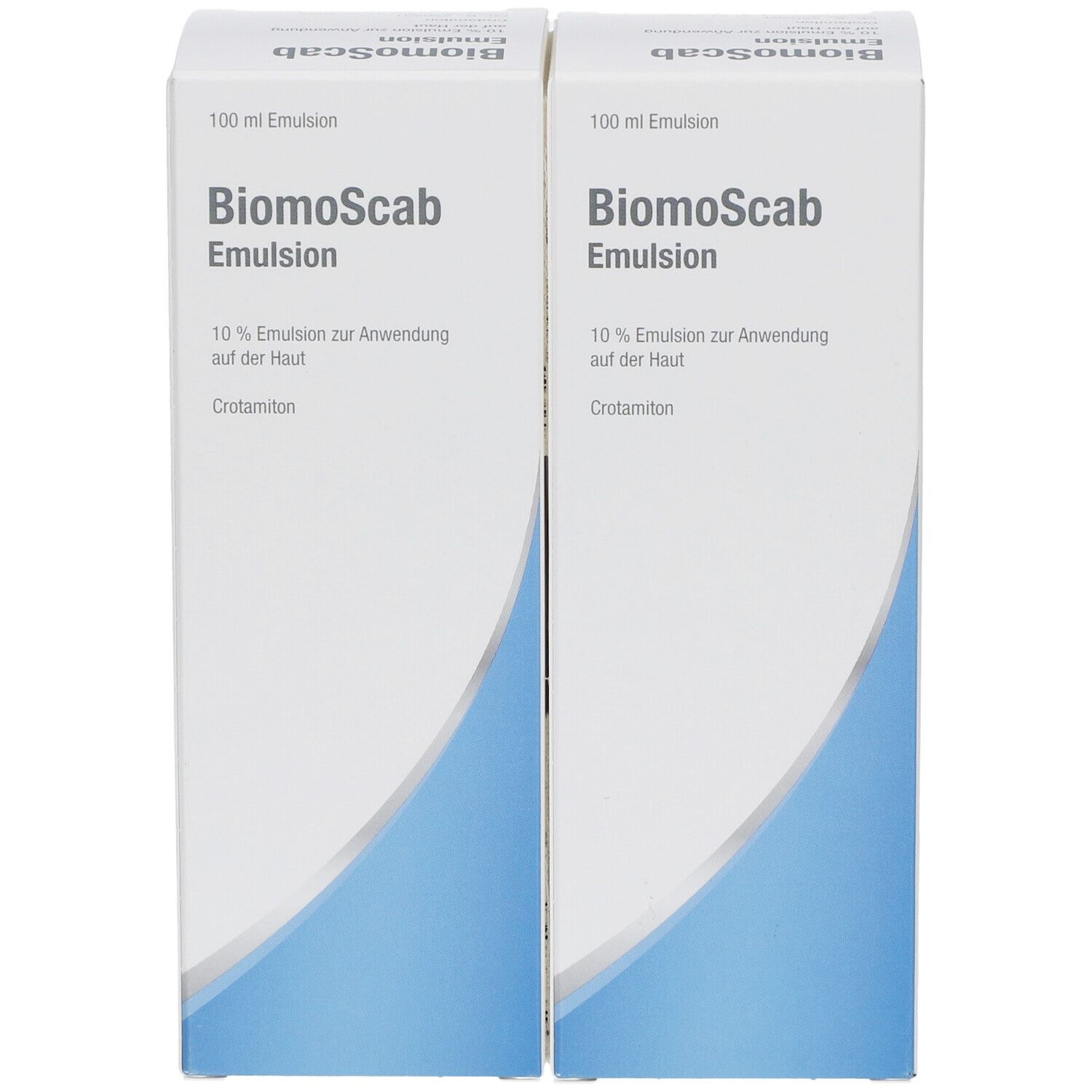 Zwei Packungen Biomoscab Emulsion. Weiße Schachteln mit blauer Wellenform. Text: 10% Emulsion zur Anwendung auf der Haut. Crotamiton.
