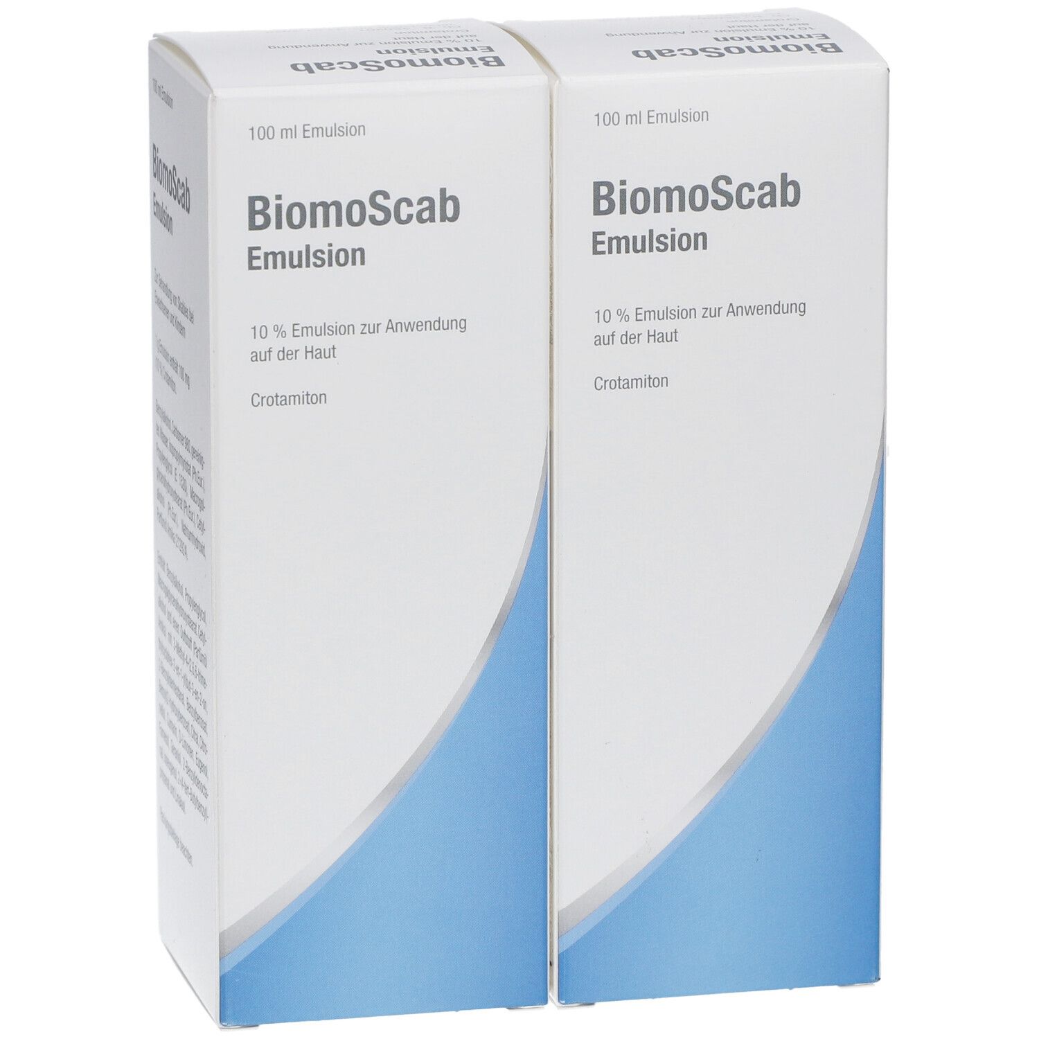 Zwei Packungen Biomoscab Emulsion. Weiße Schachteln mit blauer Wellenform. Text: 10% Emulsion zur Anwendung auf der Haut. Crotamiton.