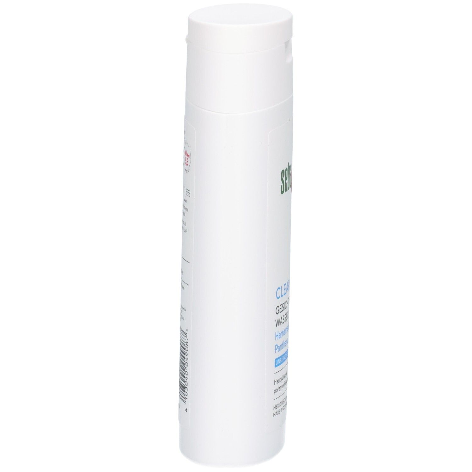 Seitenansicht einer weißen Flasche Sebamed Clear Face Gesichtswasser. Deutlich erkennbar ist der Klappdeckel.