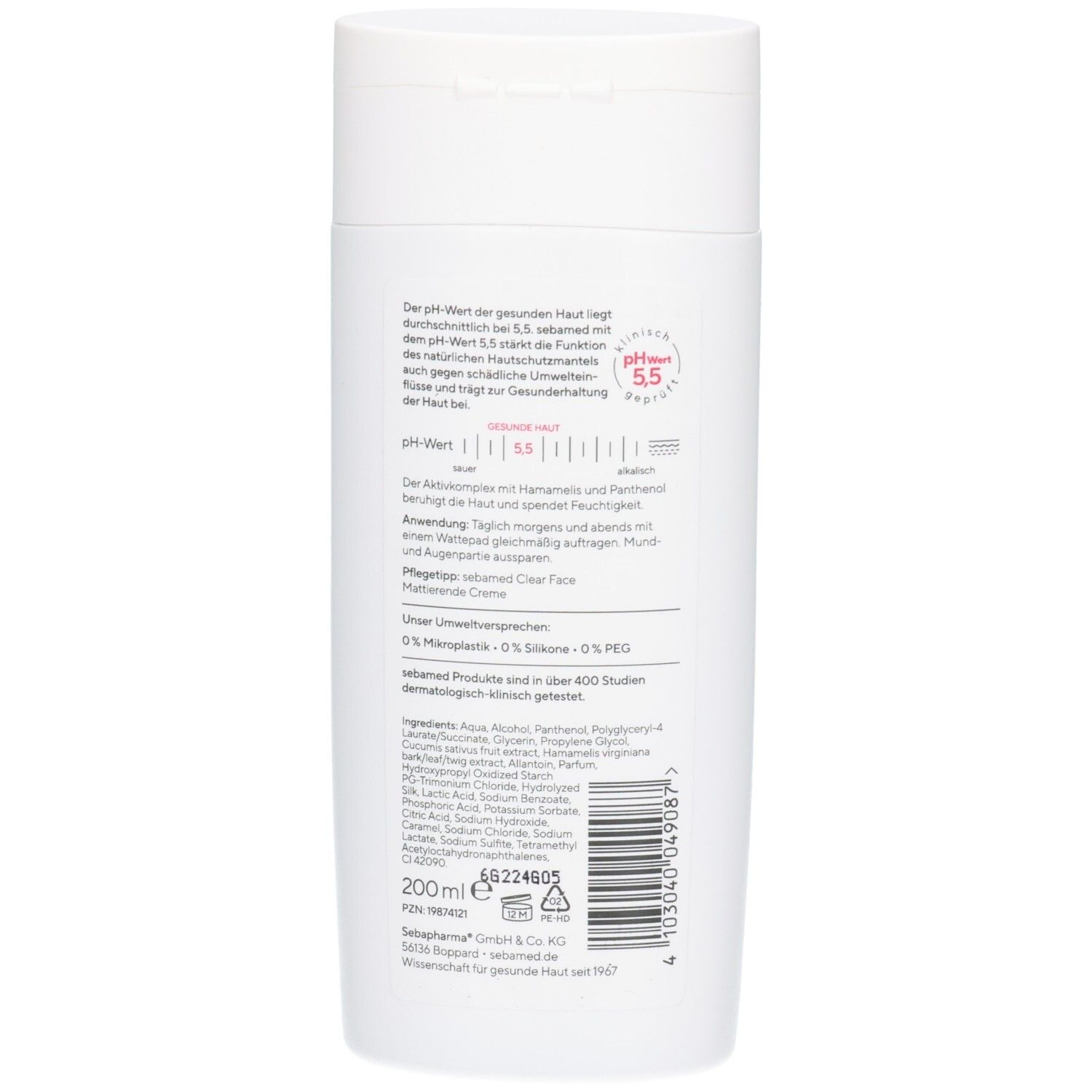 Rückseite einer weißen Flasche Sebamed Clear Face Gesichtswasser mit detaillierten Produktinformationen und 200ml Angabe.