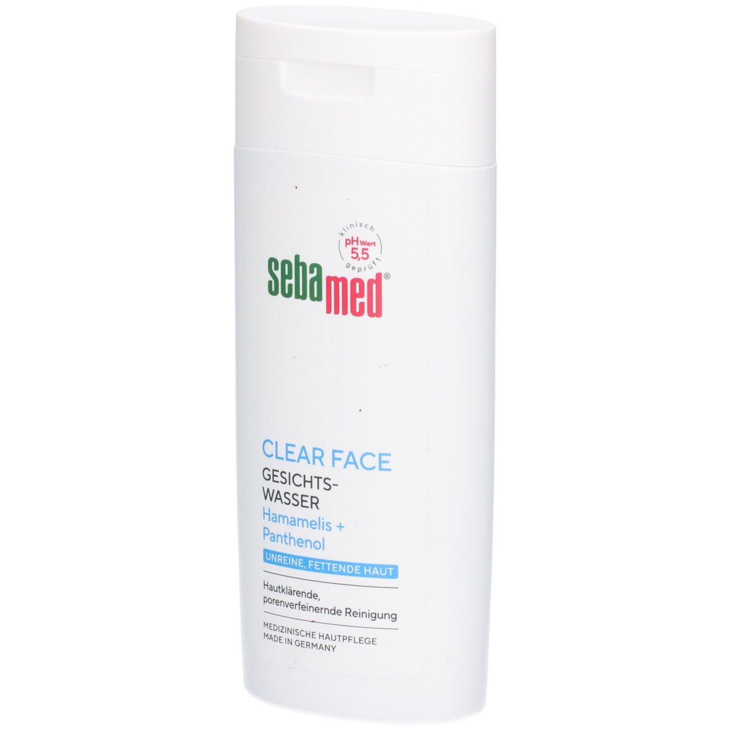 Weiße Flasche Sebamed Clear Face Gesichtswasser mit Hamamelis und Panthenol für unreine, fettende Haut.