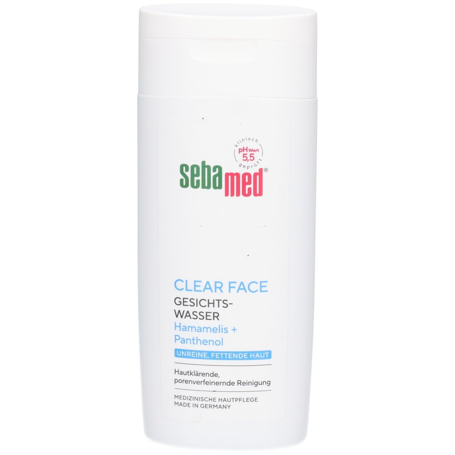 Weiße Flasche Sebamed Clear Face Gesichtswasser mit Hamamelis und Panthenol für unreine, fettende Haut.