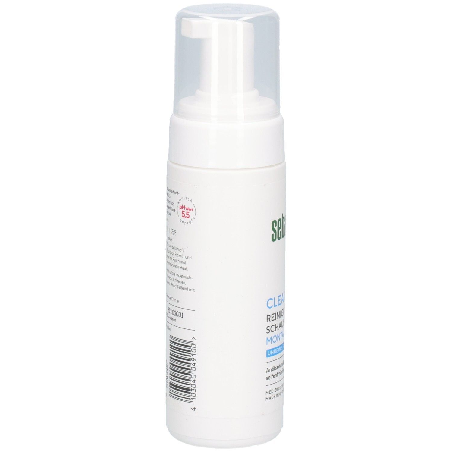 Weiße Flasche mit Pumpverschluss. Aufschrift: sebamed. Rückseite mit Text und Barcode. Made in Germany.