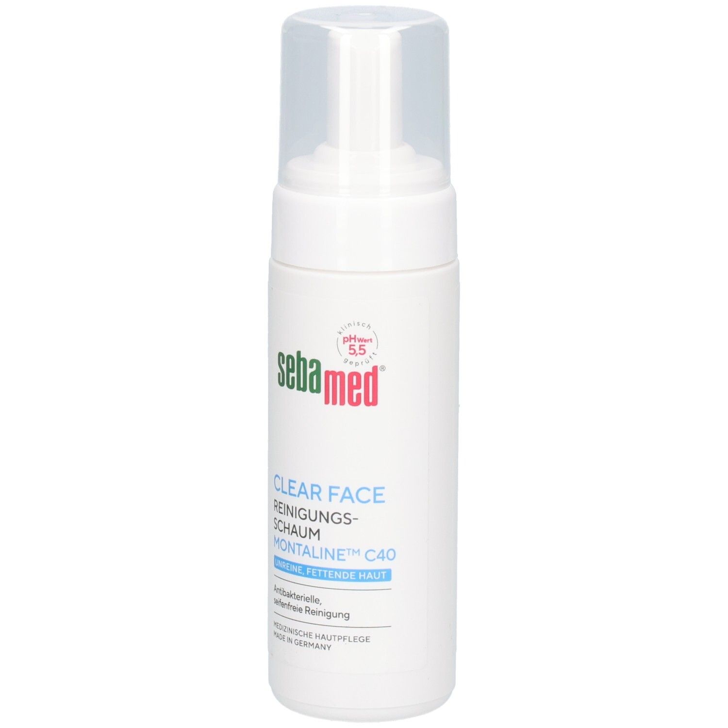 Weiße Flasche mit Pumpverschluss. Aufschrift: sebamed, CLEAR FACE Reinigungsschaum, pH 5.5. Für unreine, fettende Haut.