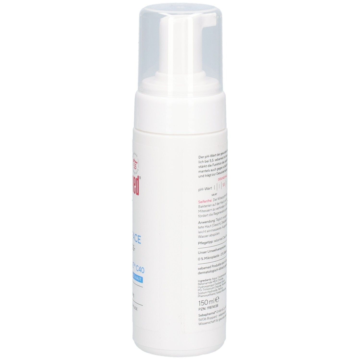 Weiße Flasche mit Pumpverschluss. Aufschrift: sebamed, CLEAR FACE. Rückseite mit Text. 150ml.
