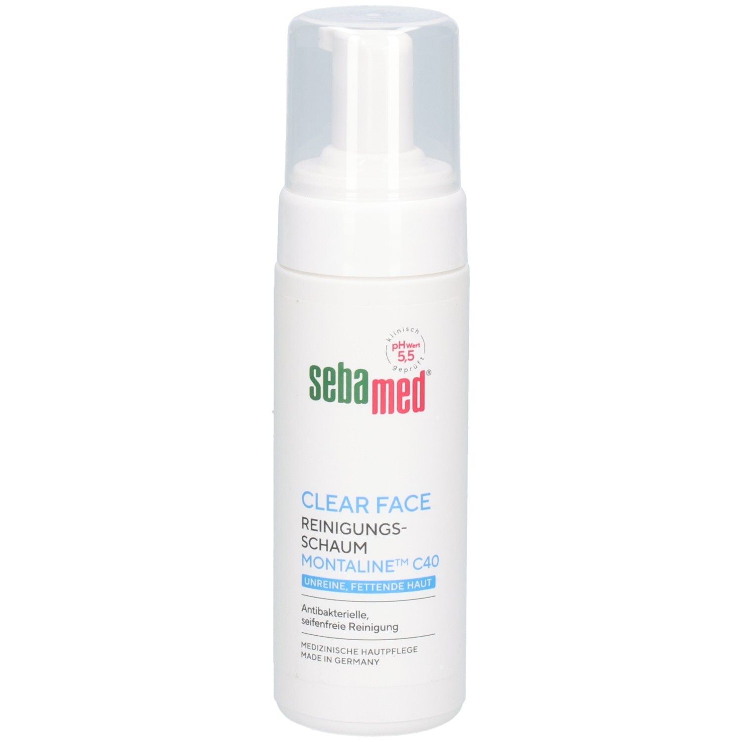 Weiße Flasche mit Pumpverschluss. Aufschrift: sebamed, CLEAR FACE Reinigungsschaum, pH 5.5. Für unreine, fettende Haut.