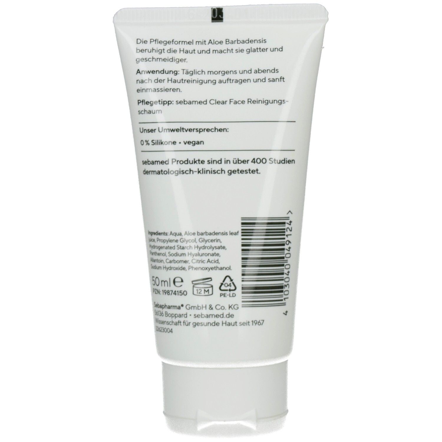 Rückseite Sebamed Clear Face Pflege-Gel Aloe vera Tube. Enthält Inhaltsstoffe und 50ml Angabe.