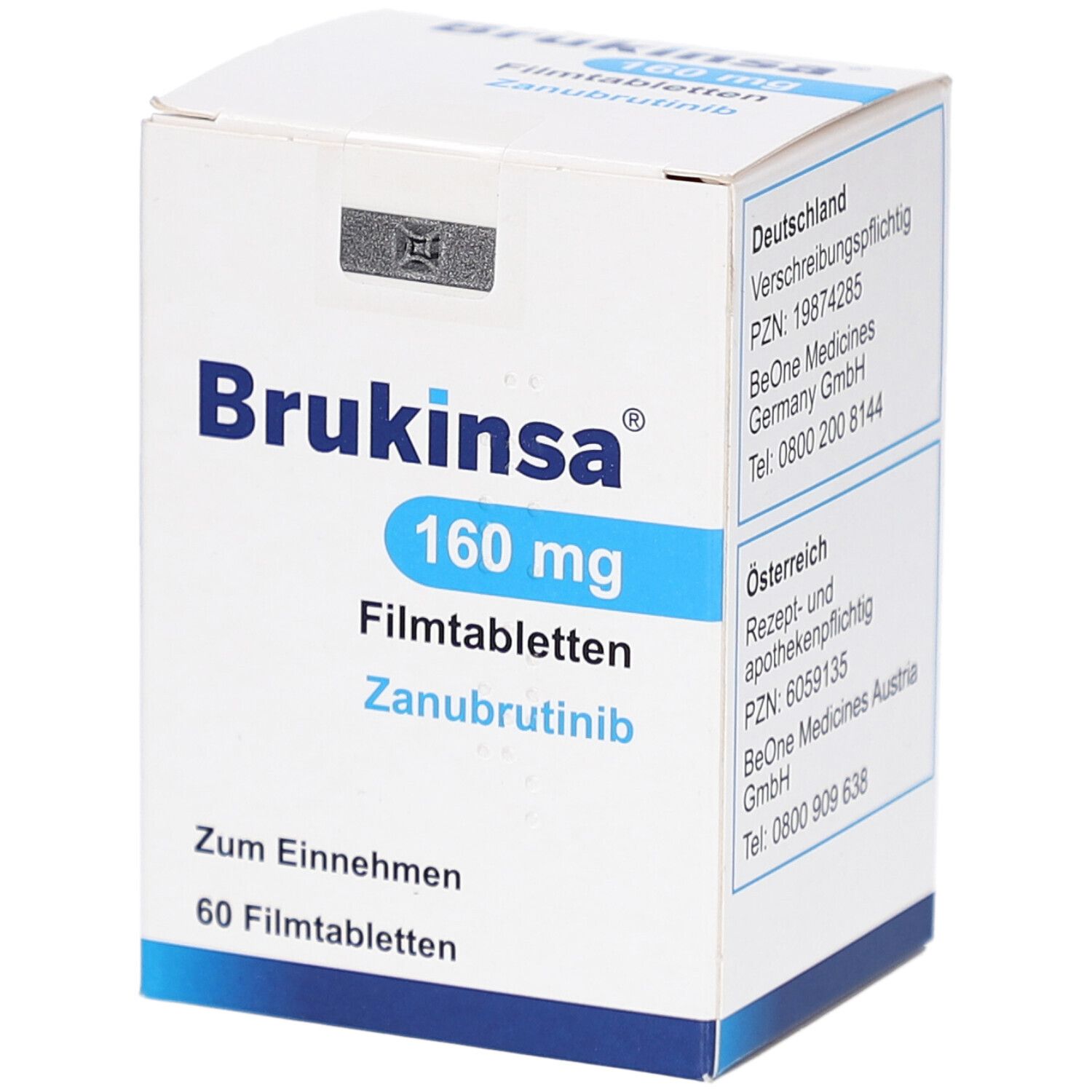 Weiße Schachtel mit BRUKINSA 160 mg Filmtabletten. Aufschrift: Zunubrutinib, 60 Filmtabletten. Informationen zu Deutschland und Österreich.