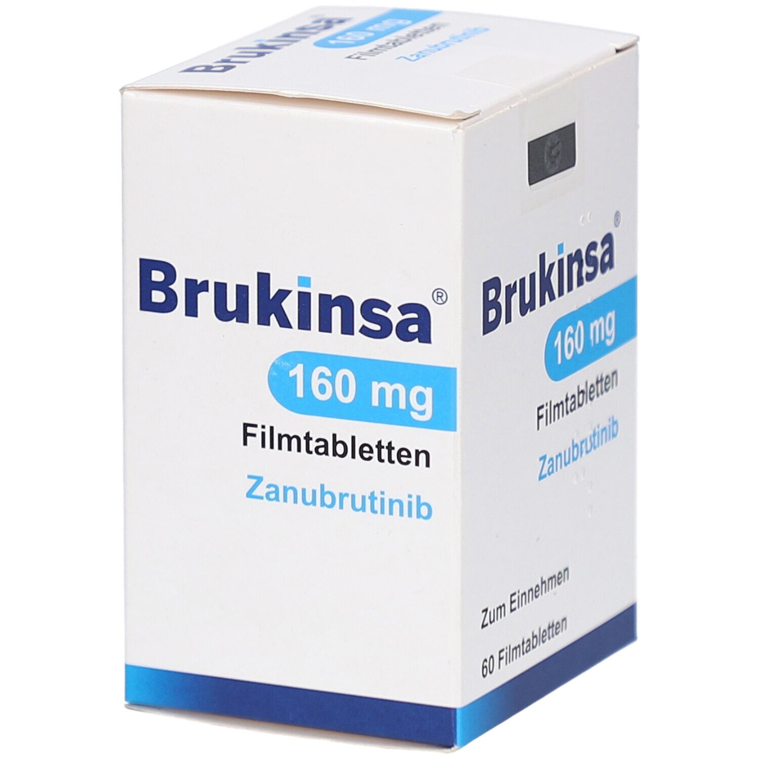 Weiße Schachtel mit BRUKINSA 160 mg Filmtabletten. Aufschrift: Zunubrutinib, 60 Filmtabletten. Produktansicht schräg.