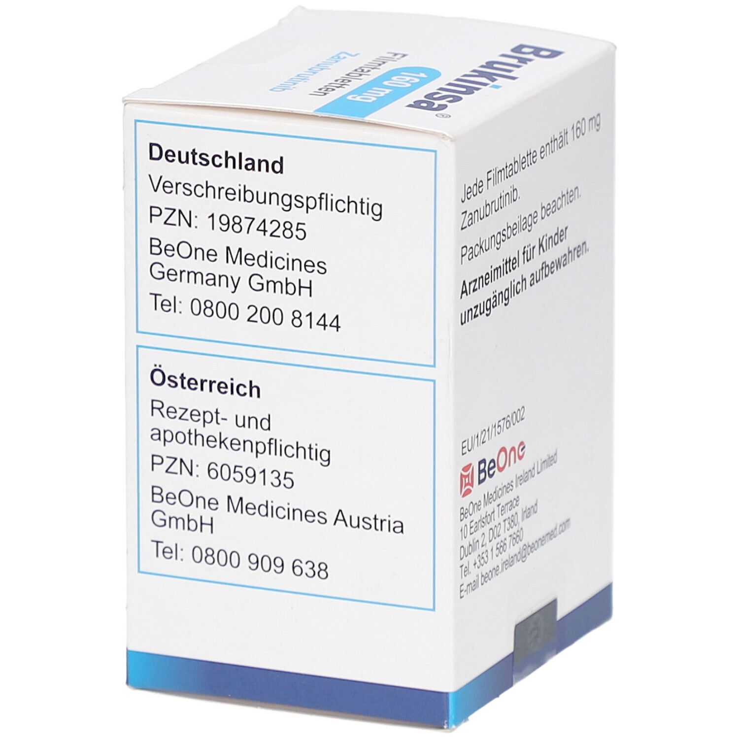 Weiße Schachtel mit BRUKINSA 160 mg Filmtabletten. Aufschrift: Zunubrutinib. Informationen zu Deutschland und Österreich.