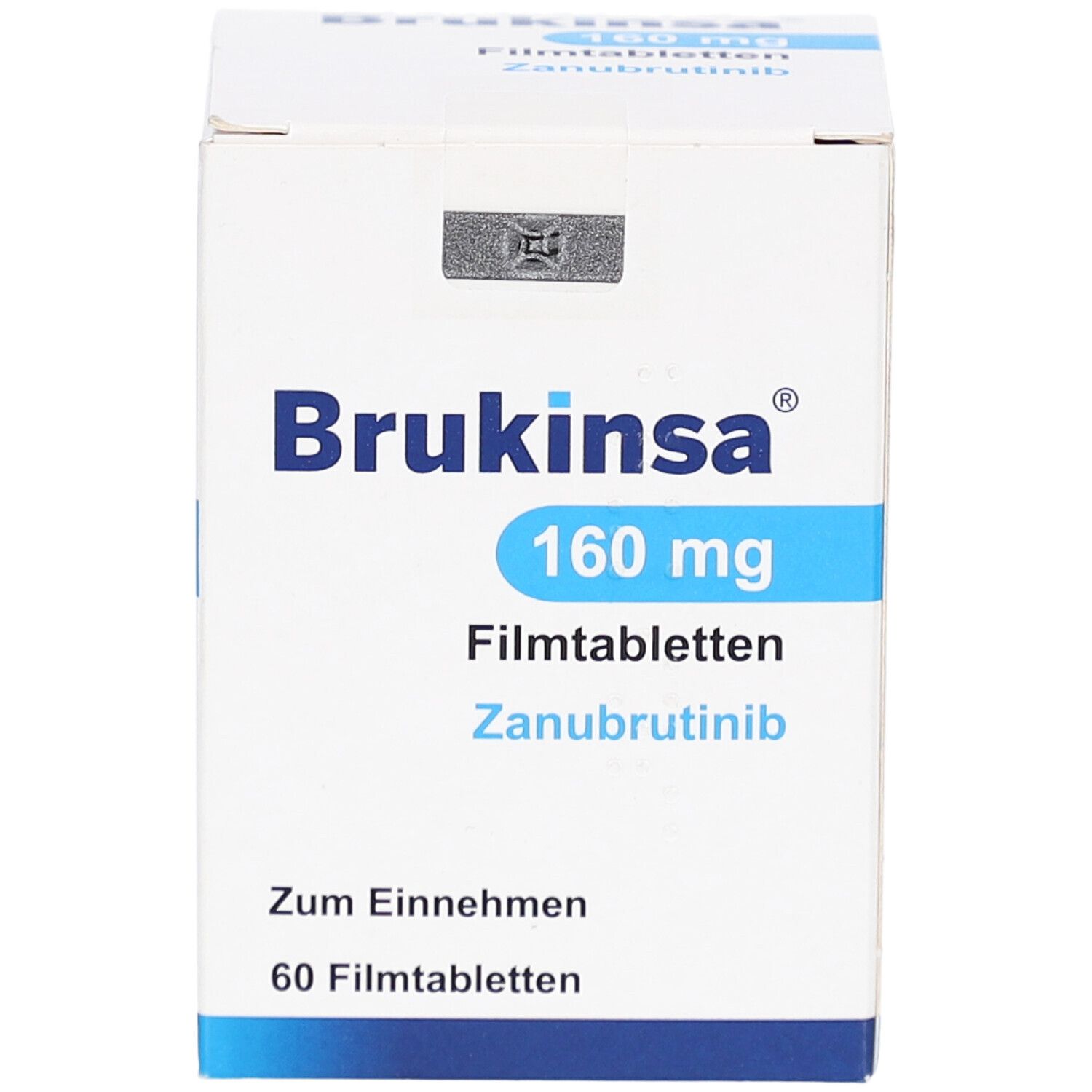 Weiße Schachtel mit BRUKINSA 160 mg Filmtabletten. Aufschrift: Zunubrutinib, 60 Filmtabletten. Produktansicht.