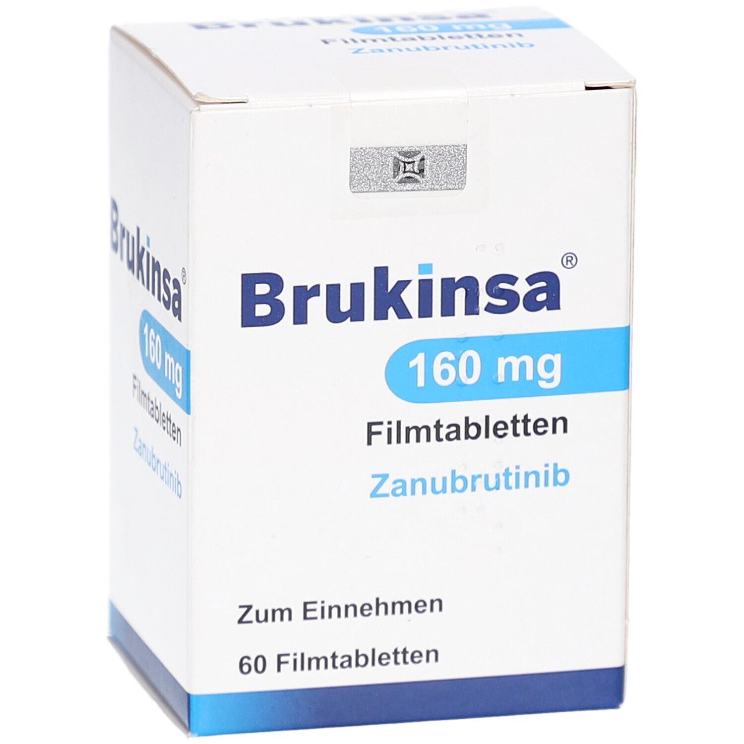 Weiße Schachtel mit BRUKINSA 160 mg Filmtabletten. Aufschrift: Zunubrutinib, 60 Filmtabletten. Produktansicht schräg.
