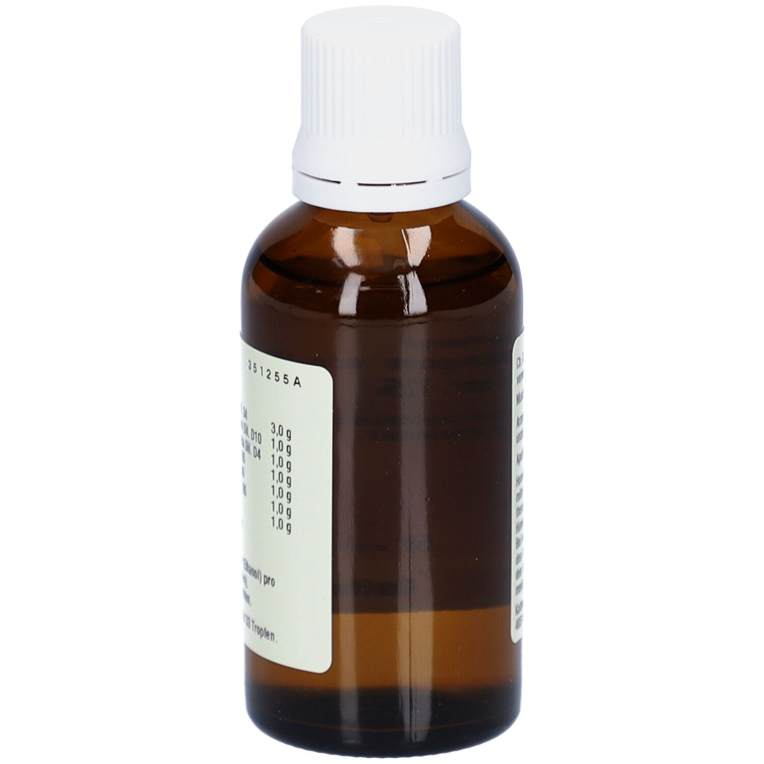 Braune Glasflasche mit weißem Verschluss. Etikett mit Inhaltsstoffangaben. Rückansicht.