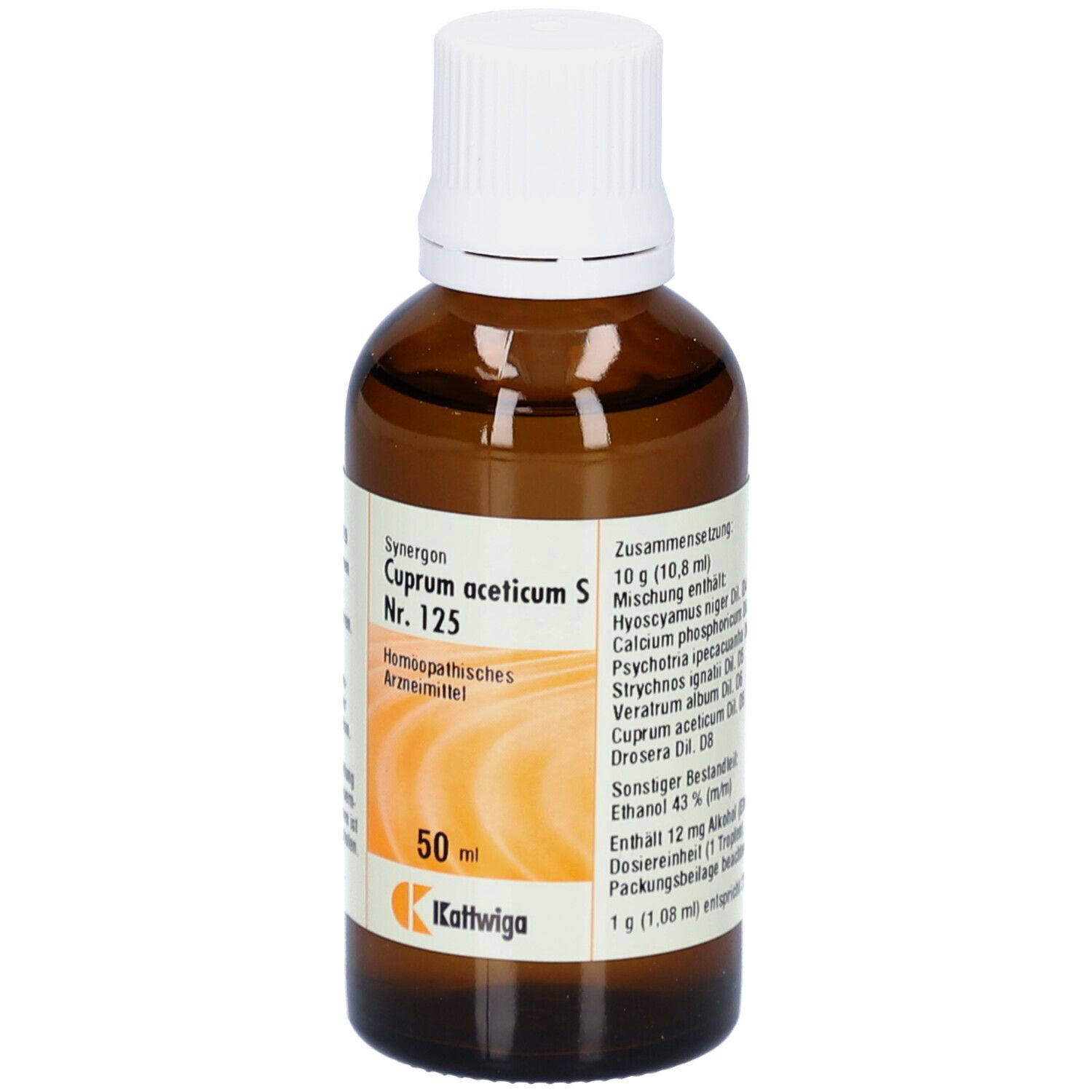 Braune Glasflasche mit weißem Verschluss. Etikett mit Produktnamen, Inhaltsstoffen und Hersteller. 50 ml.