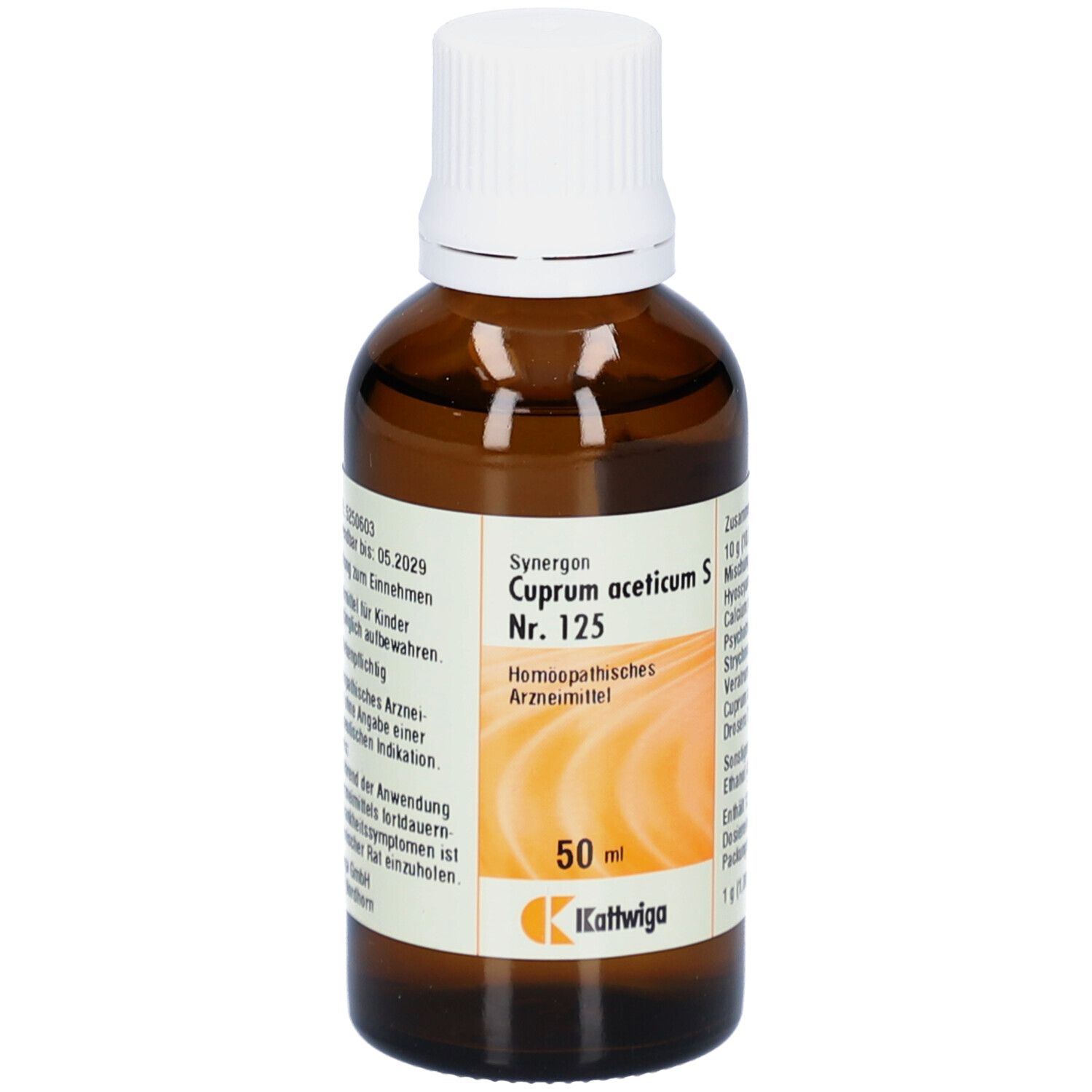 Braune Glasflasche mit weißem Verschluss. Etikett mit Produktnamen, Inhaltsstoffen und Hersteller. 50 ml.