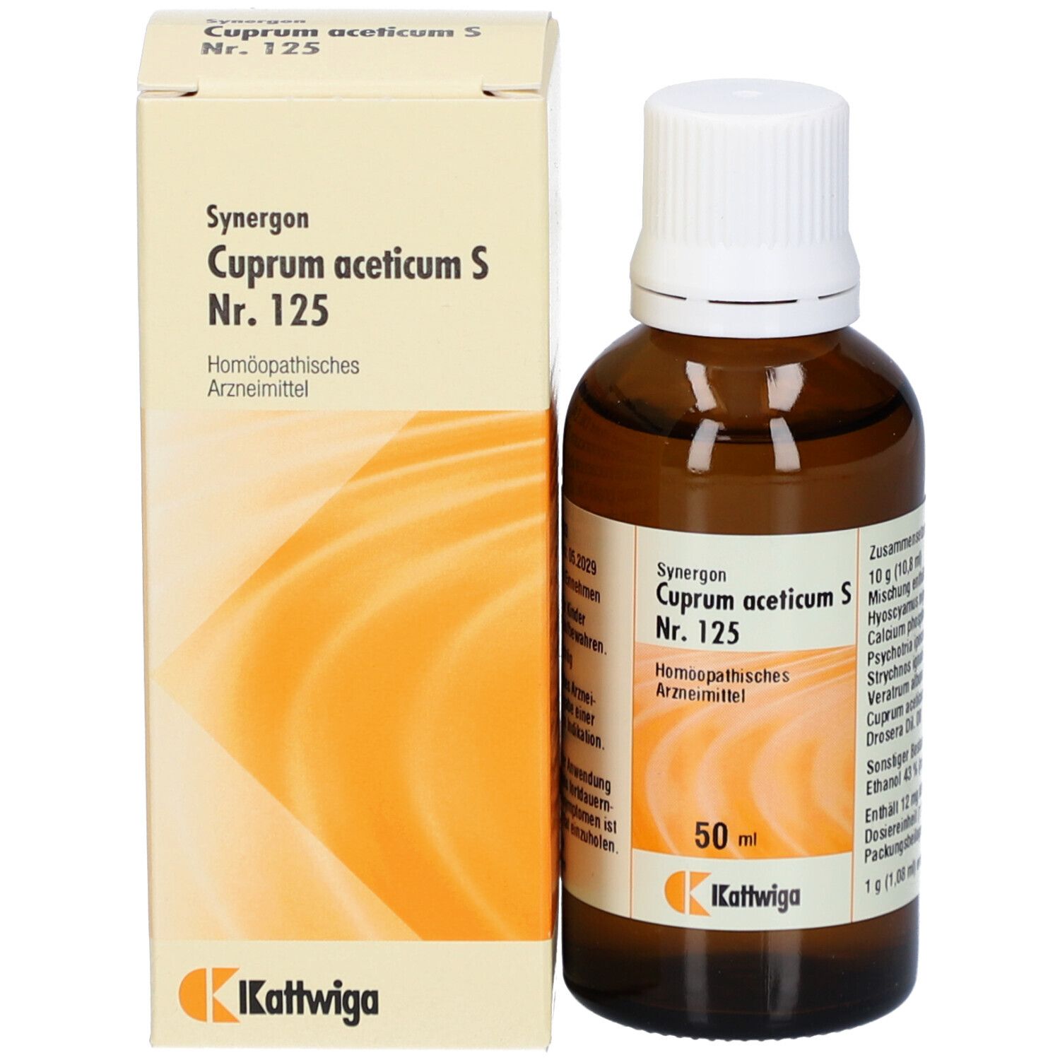 Braune Glasflasche mit weißem Verschluss und Kartonverpackung. Etikett mit Produktnamen und Hersteller.