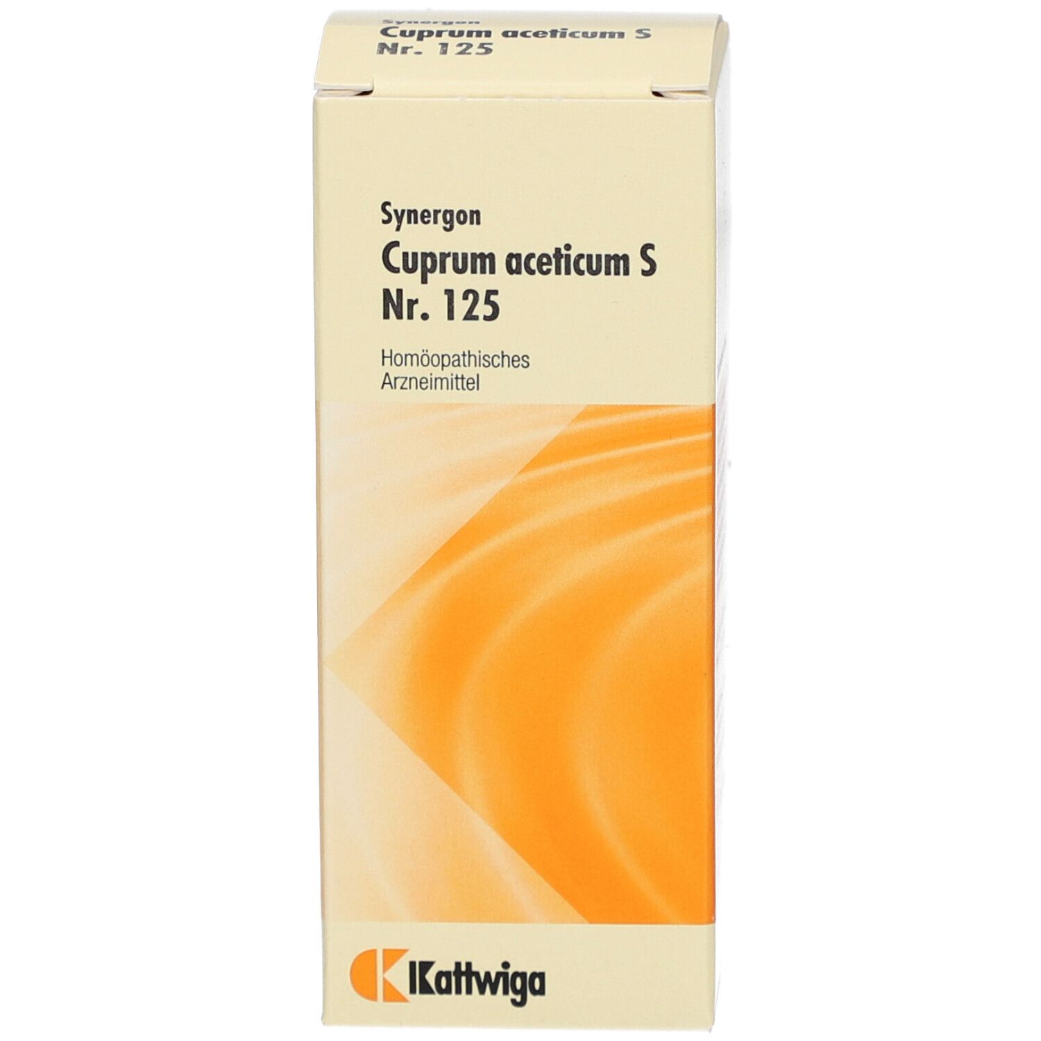 Kartonverpackung mit Produktnamen und Herstellerlogo. Gelb-orangenes Wellenmuster.