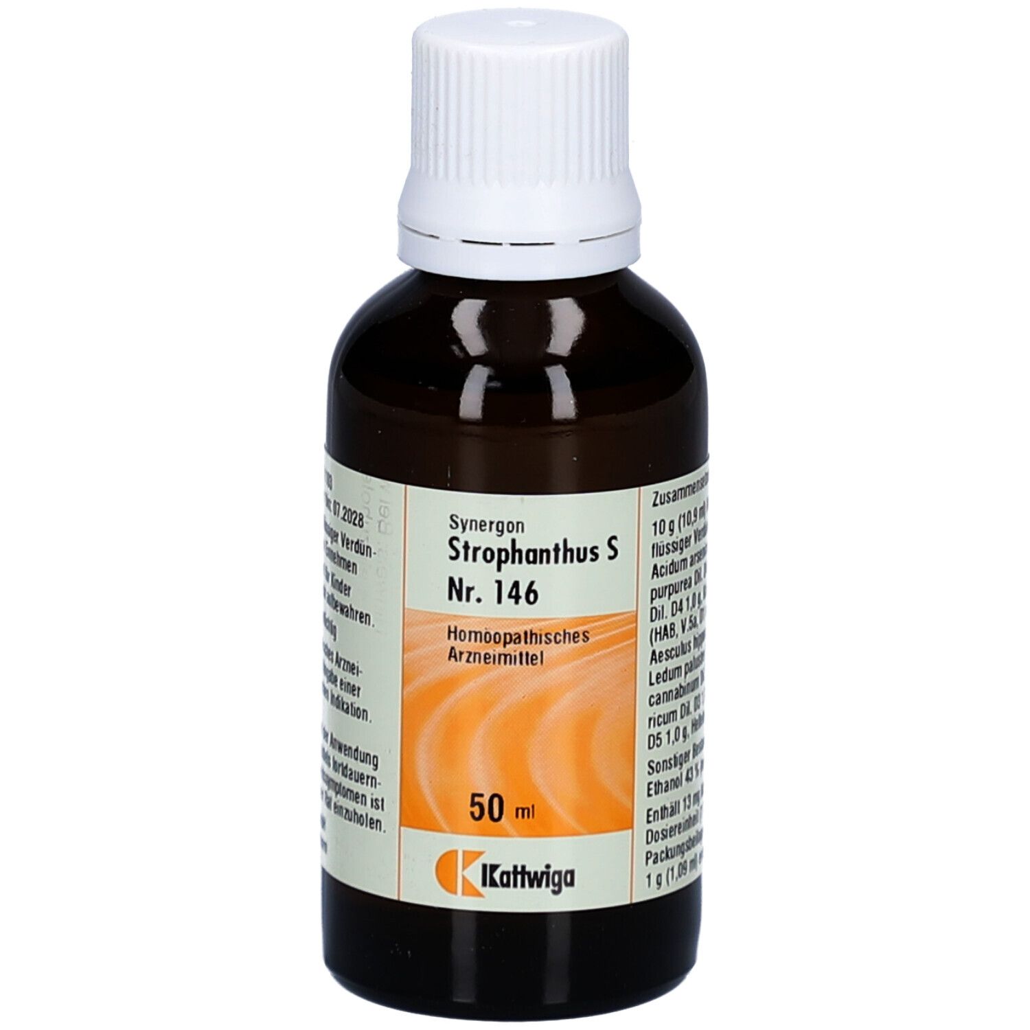 Braune Glasflasche mit weißem Deckel. Etikett mit Produktinformationen. 50 ml. Marke: Kattwiga.