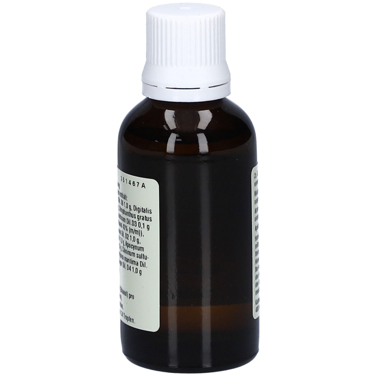 Seitenansicht einer braunen Glasflasche mit weißem Deckel. Etikett mit Produktinformationen. Marke: Kattwiga.