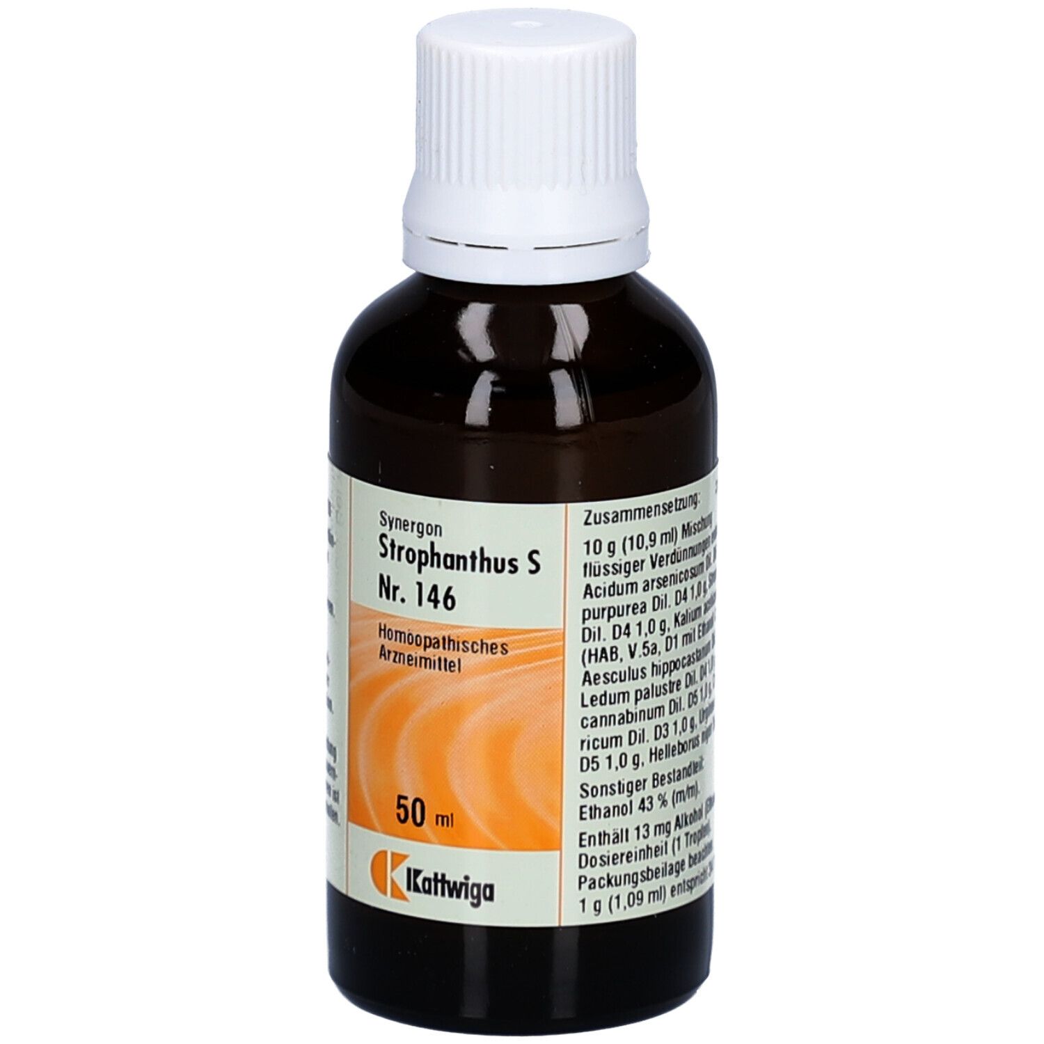 Braune Glasflasche mit weißem Deckel. Etikett mit Produktinformationen. 50 ml. Marke: Kattwiga.