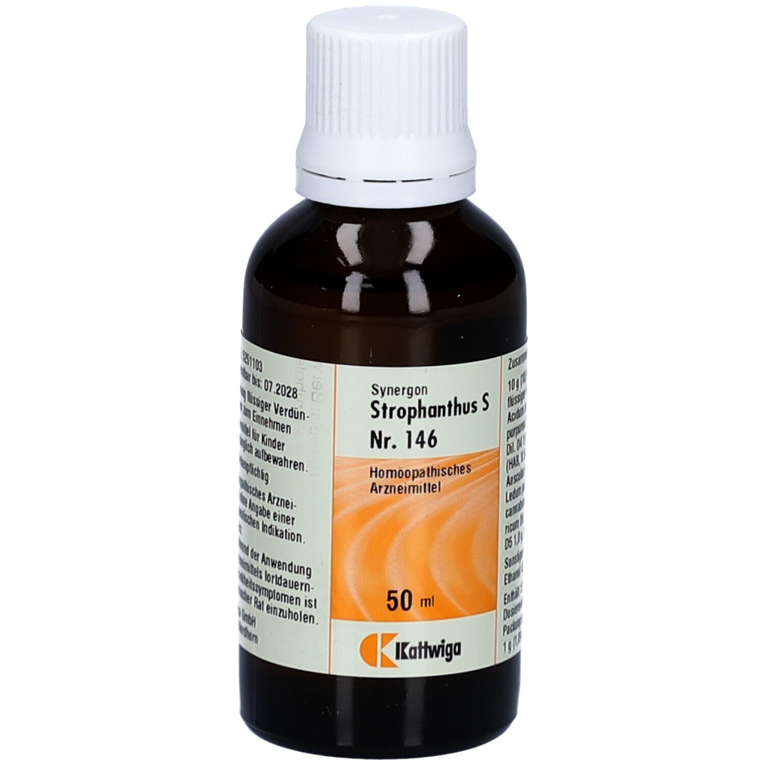 Braune Glasflasche mit weißem Deckel. Etikett mit Produktinformationen. 50 ml. Marke: Kattwiga.