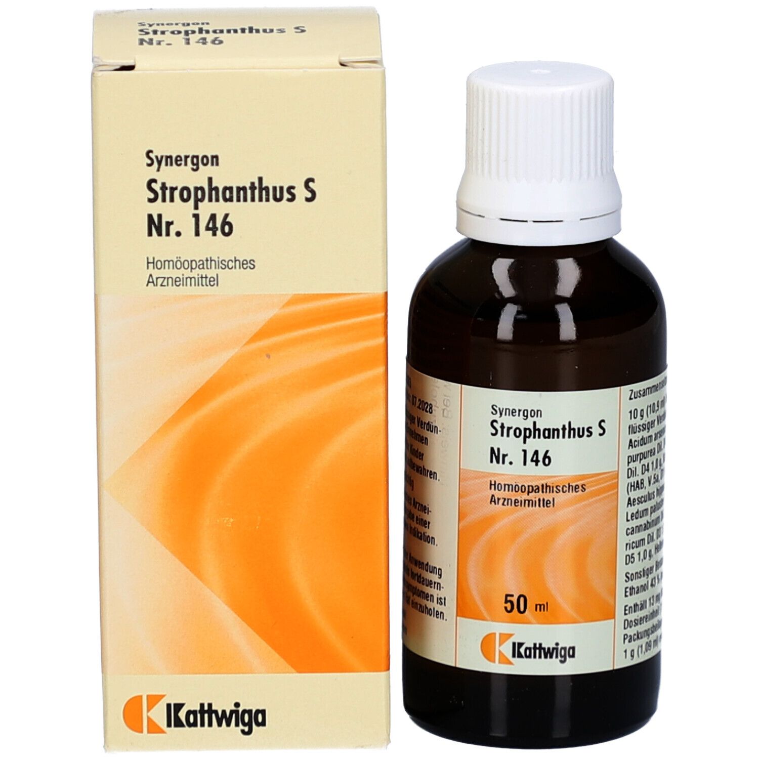 Braune Glasflasche und Verpackung. Flasche mit weißem Deckel. Verpackung mit Produktinformationen. Marke: Kattwiga.