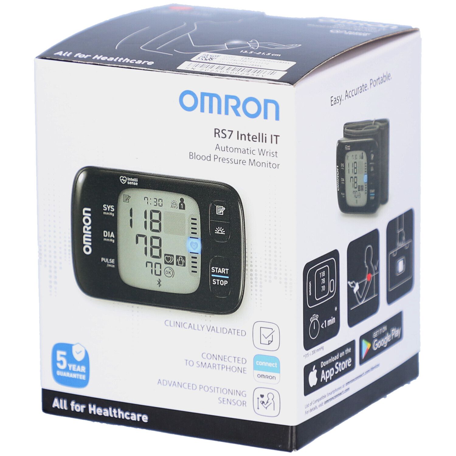 Verpackung des OMRON RS7 Intelli IT Handgelenk-Blutdruckmessgeräts. Schwarzes Gerät mit Display. 5 Jahre Garantie.