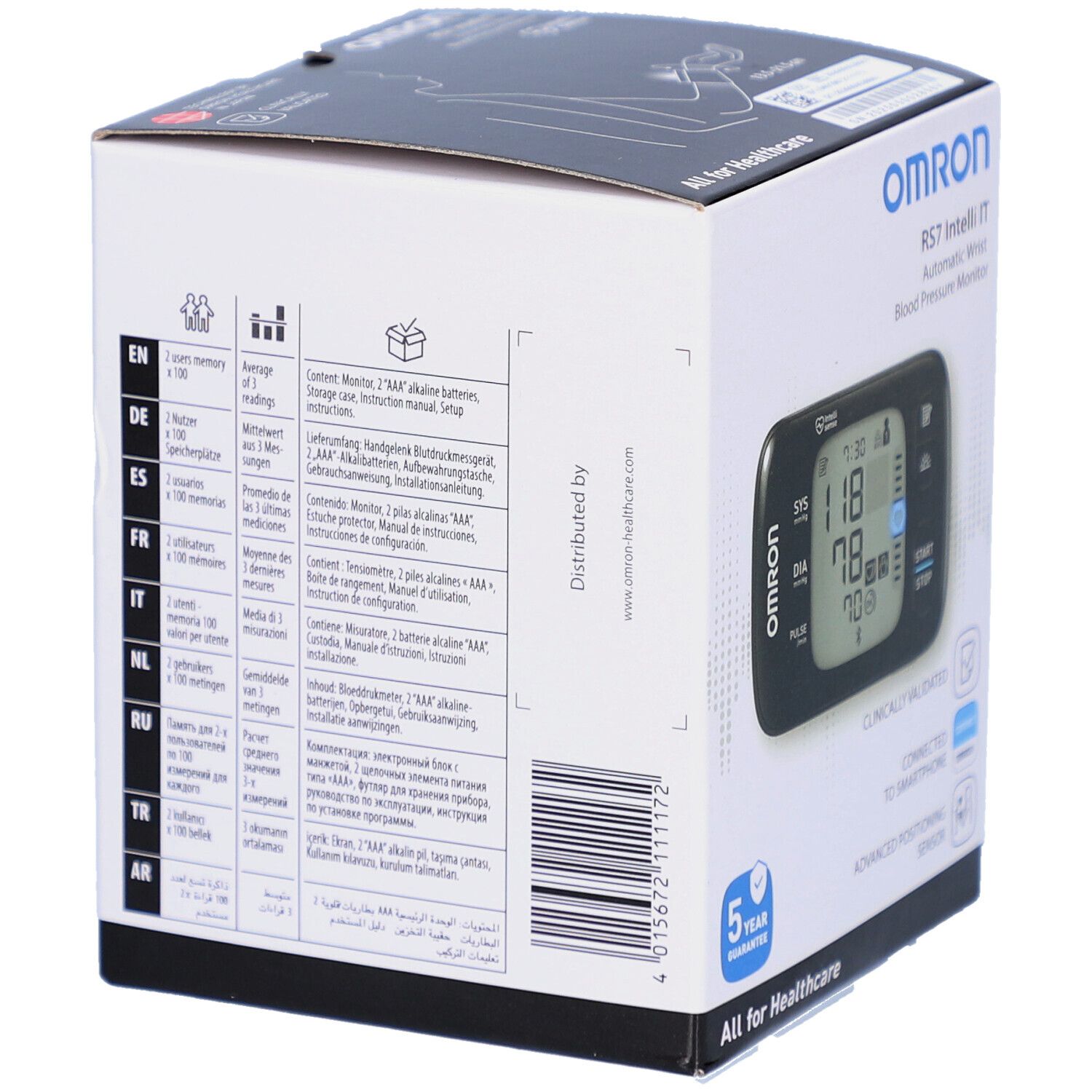 Rückseite der Verpackung des OMRON RS7 Intelli IT. Mehrsprachige Informationen und Symbole.