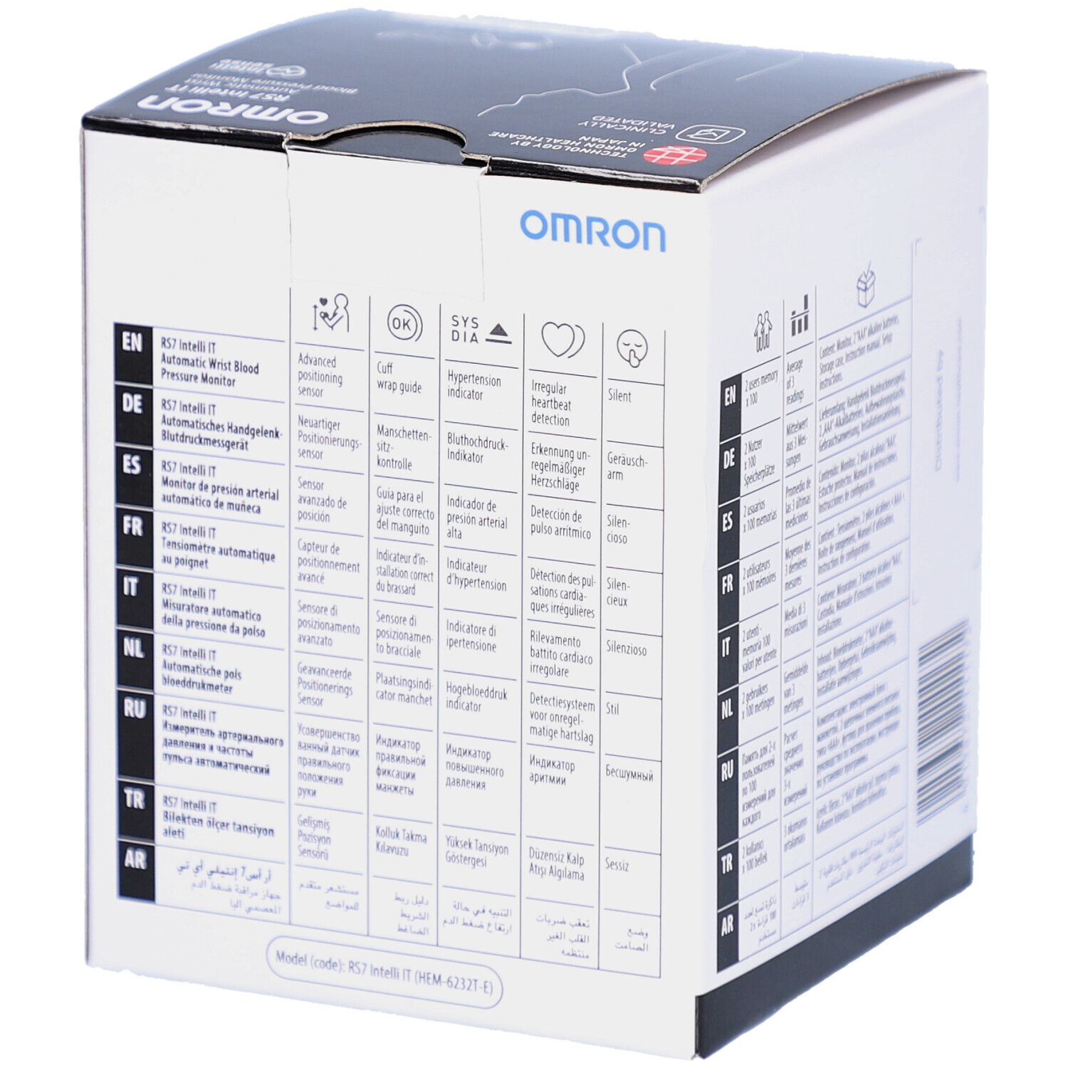 Seite der Verpackung des OMRON RS7 Intelli IT. Mehrsprachige Informationen und Symbole.