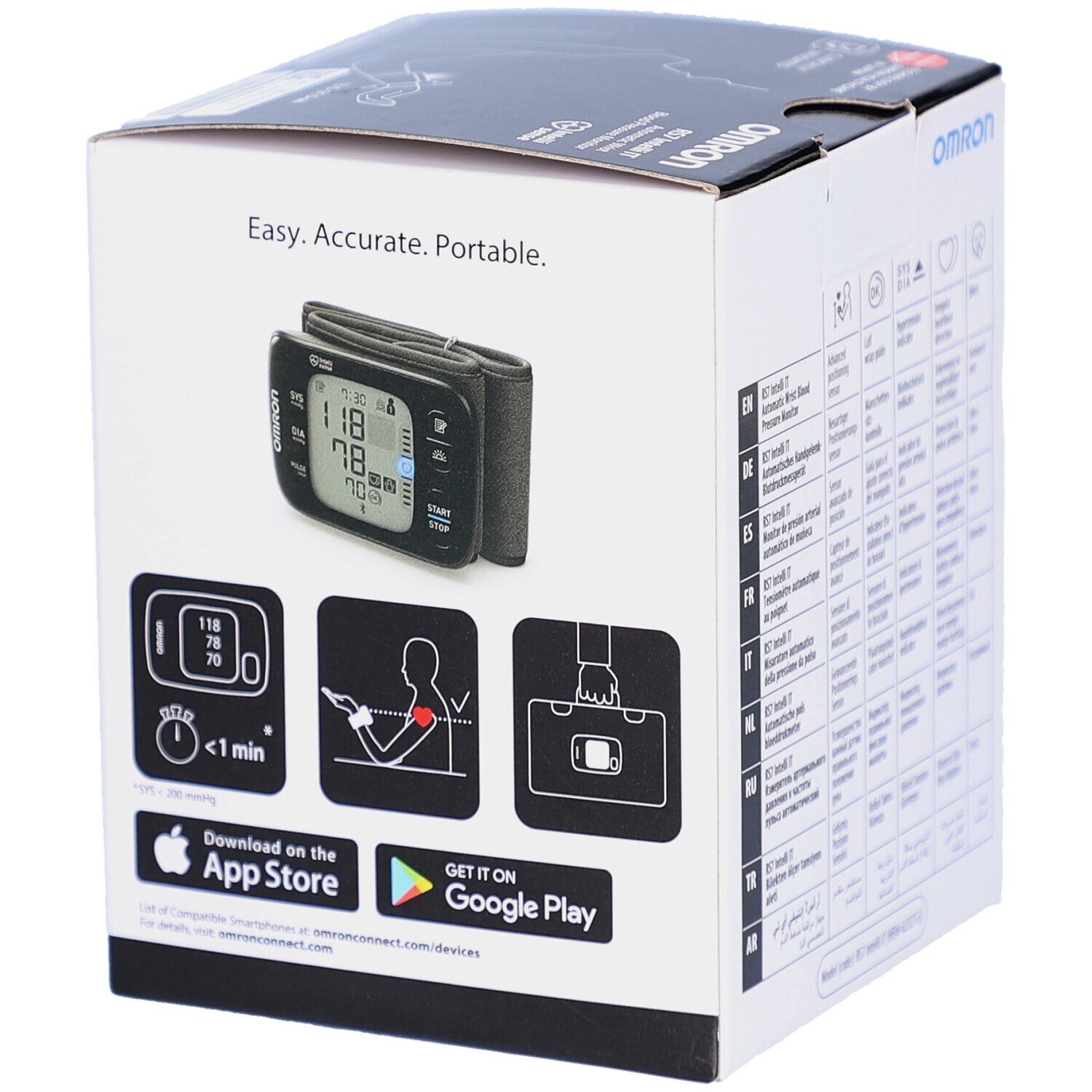 Seite der Verpackung des OMRON RS7 Intelli IT. Abbildungen des Geräts und App-Informationen.