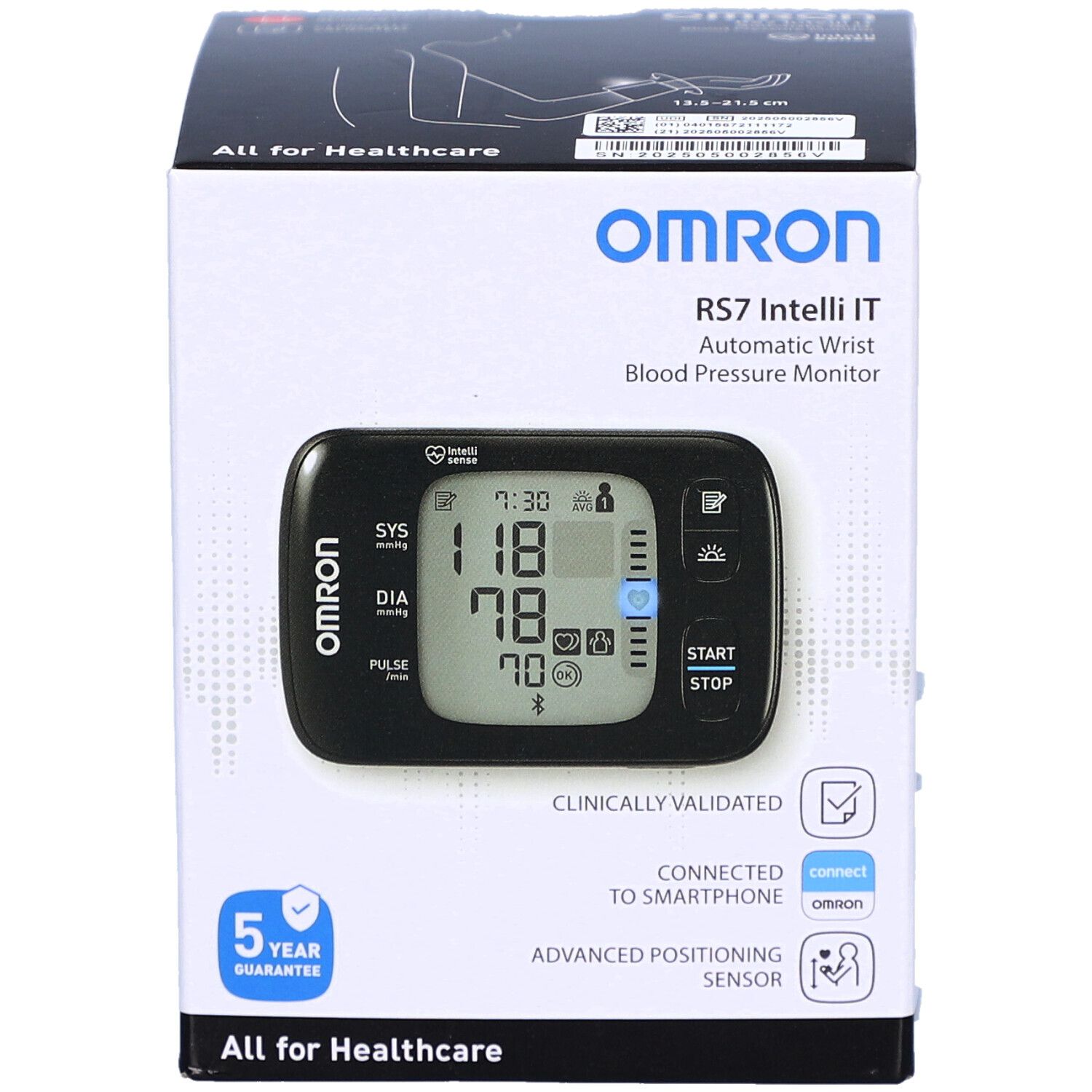 Vorderseite der Verpackung des OMRON RS7 Intelli IT. Gerät mit Display, Marke und Garantie.
