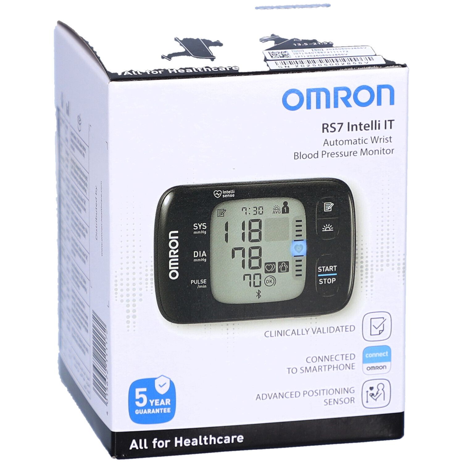 Vorderseite der Verpackung des OMRON RS7 Intelli IT. Gerät mit Display, Marke und Garantie.