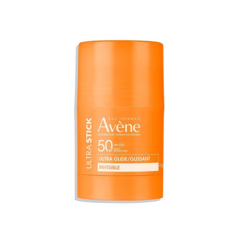 Avène Ultra Stick LSF 50. Orangefarbener Stick mit weißem Aufsatz. Text: Ultra Stick, Eau Thermale Avène, 50 SPF, Ultra Glide/Glissant, Invisible.