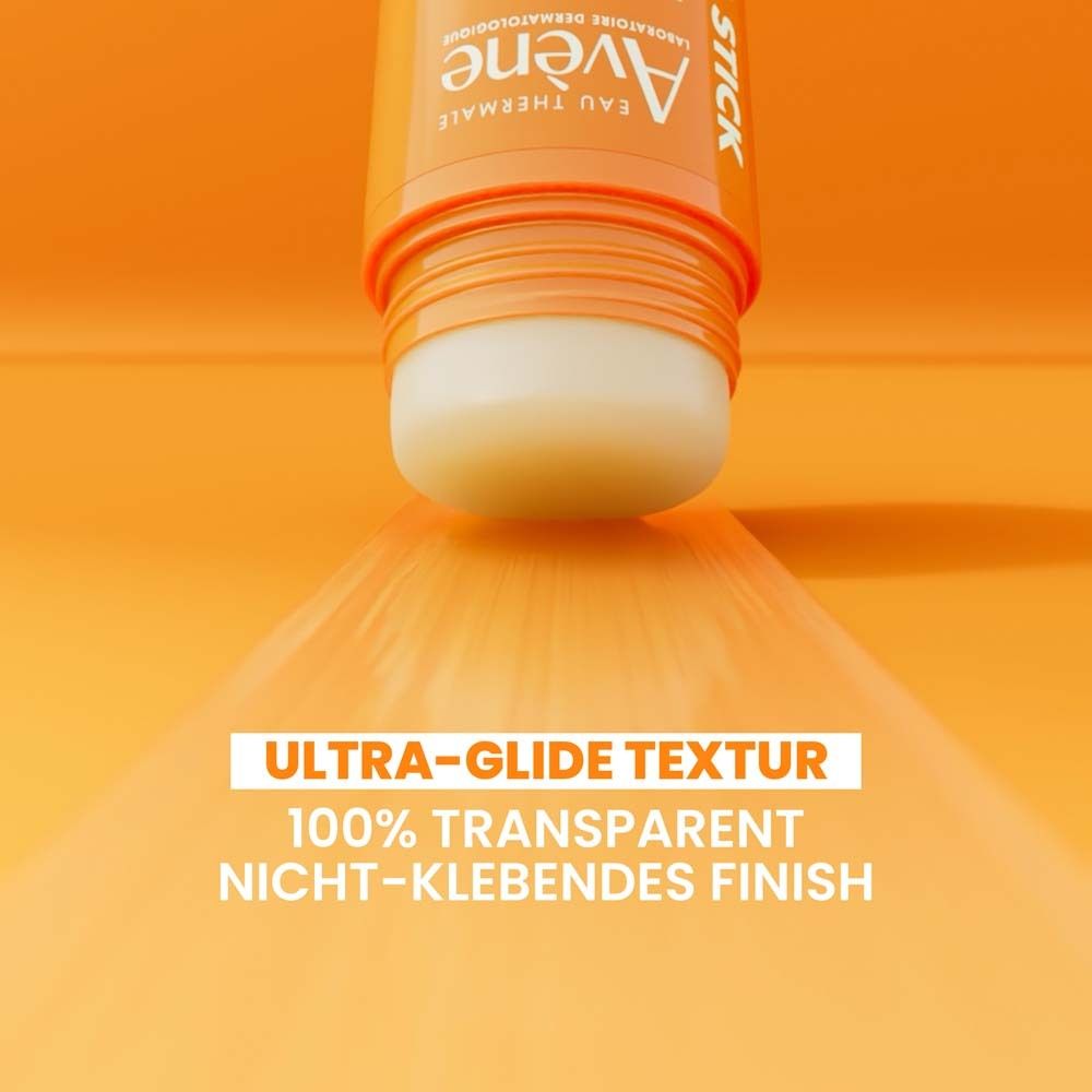 Avène Ultra Stick LSF 50. Orangefarbener Stick. Text: Ultra-Glide Textur, 100% transparent, nicht-klebendes Finish.
