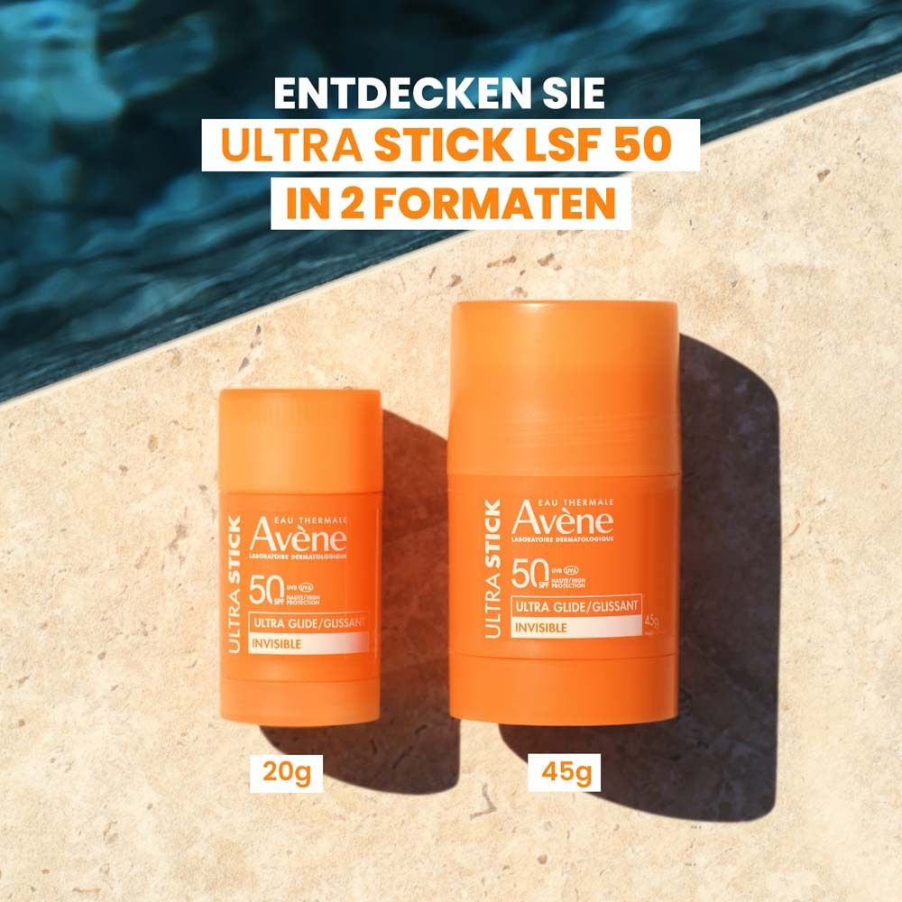 Zwei Avène Ultra Stick LSF 50. 20g und 45g. Text: Entdecken Sie Ultra Stick LSF 50 in 2 Formaten.