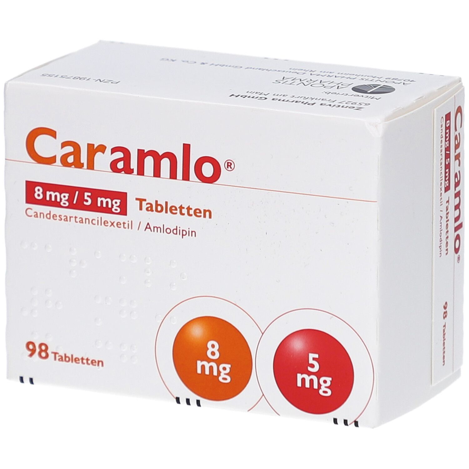 Weiße Tablettenbox mit Produktnamen und Dosierungsangaben. Zwei farbige Kreise mit Dosierungen. 98 Tabletten.