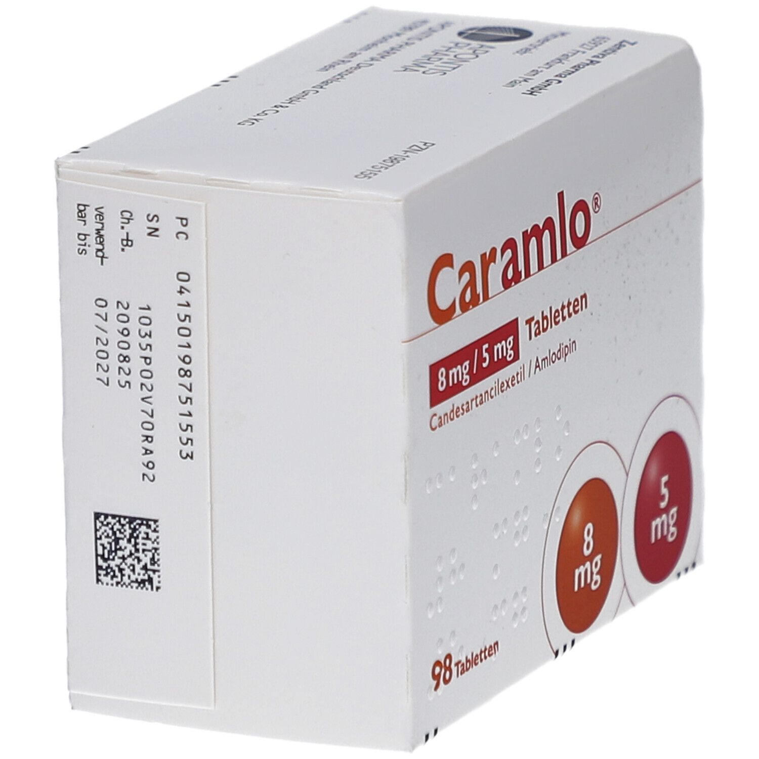 Tablettenbox, weiß, mit Produktnamen und Dosierungsangaben. Zwei farbige Kreise mit Dosierungen. 98 Tabletten.