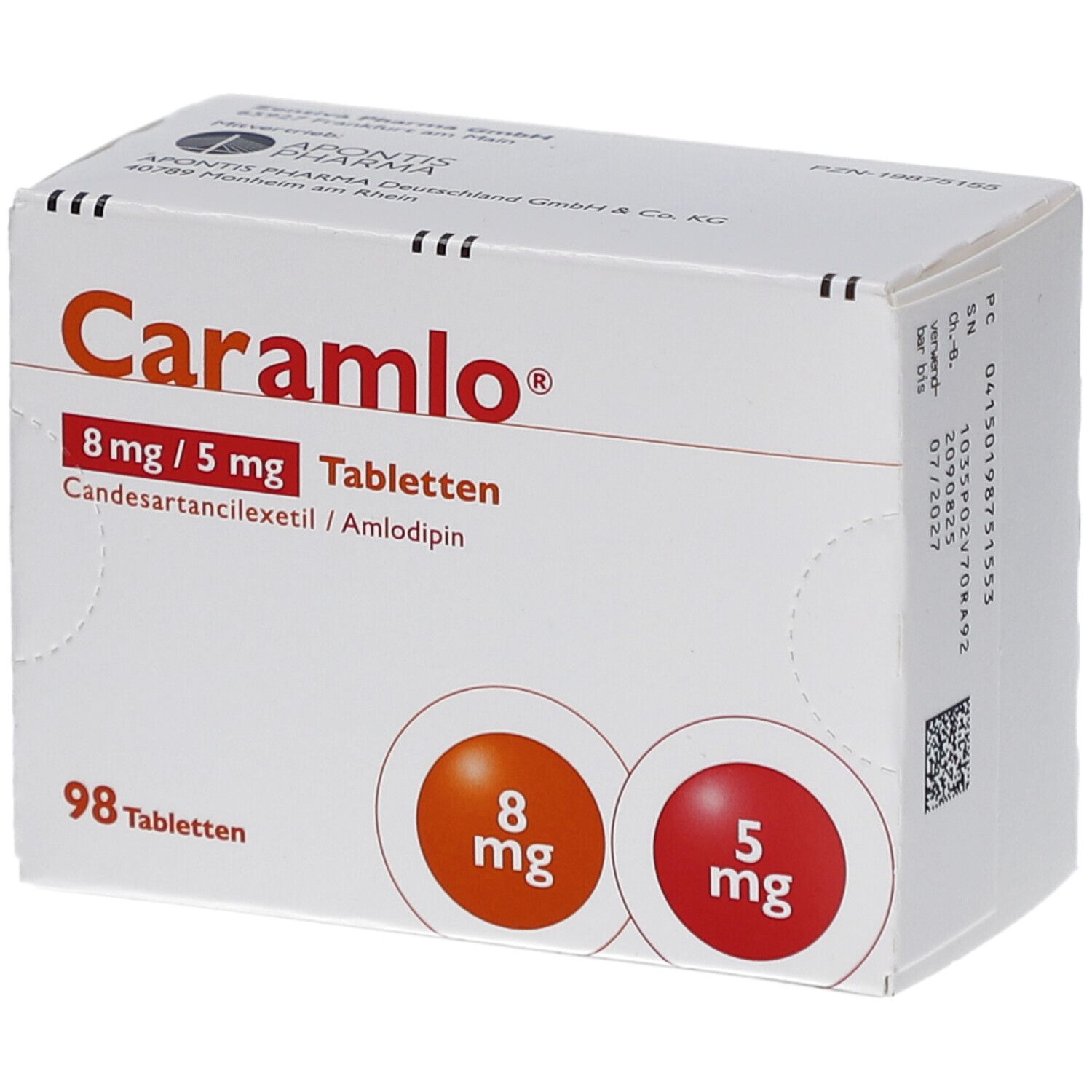 Weiße Tablettenbox mit Produktnamen und Dosierungsangaben. Zwei farbige Kreise mit Dosierungen. 98 Tabletten.