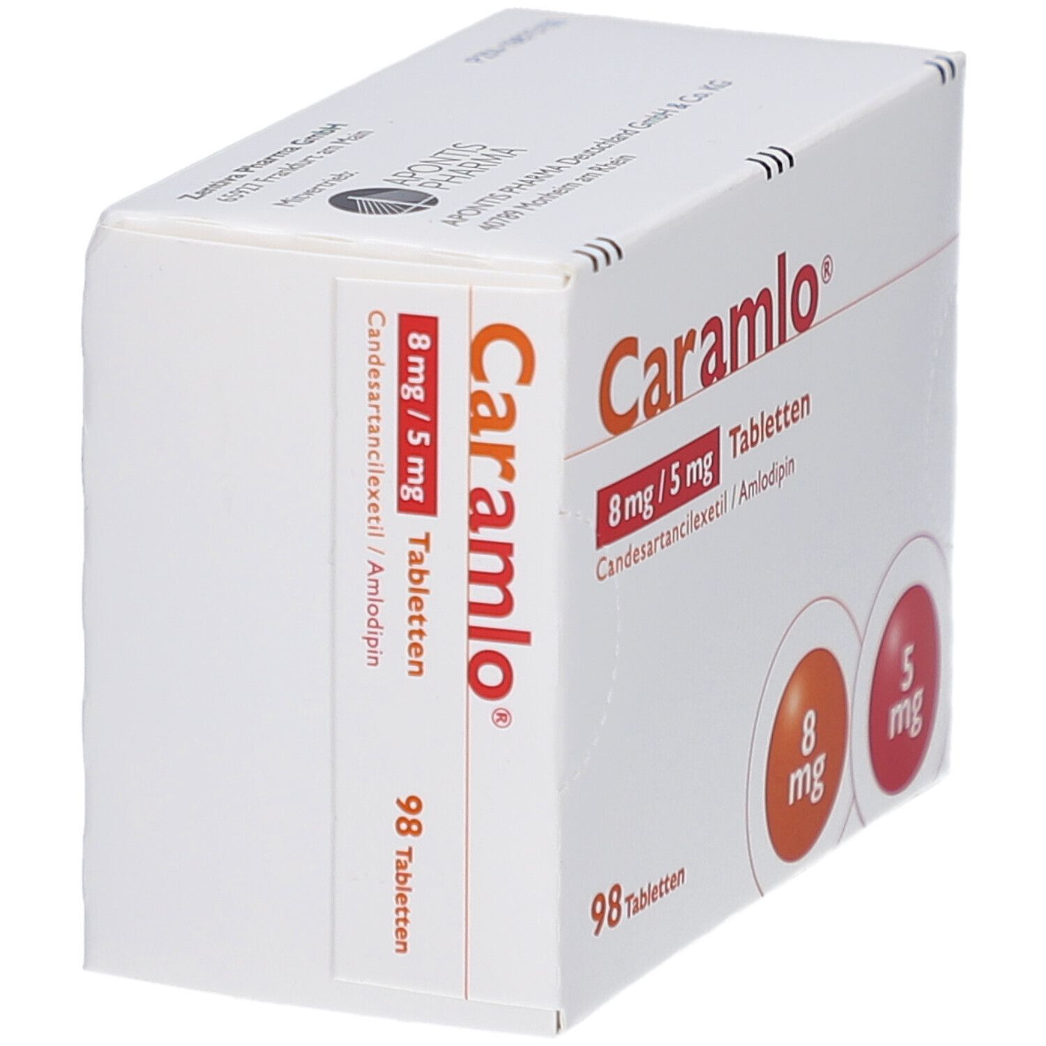 Weiße Tablettenbox mit Produktnamen und Dosierungsangaben. Zwei farbige Kreise mit Dosierungen. 98 Tabletten.