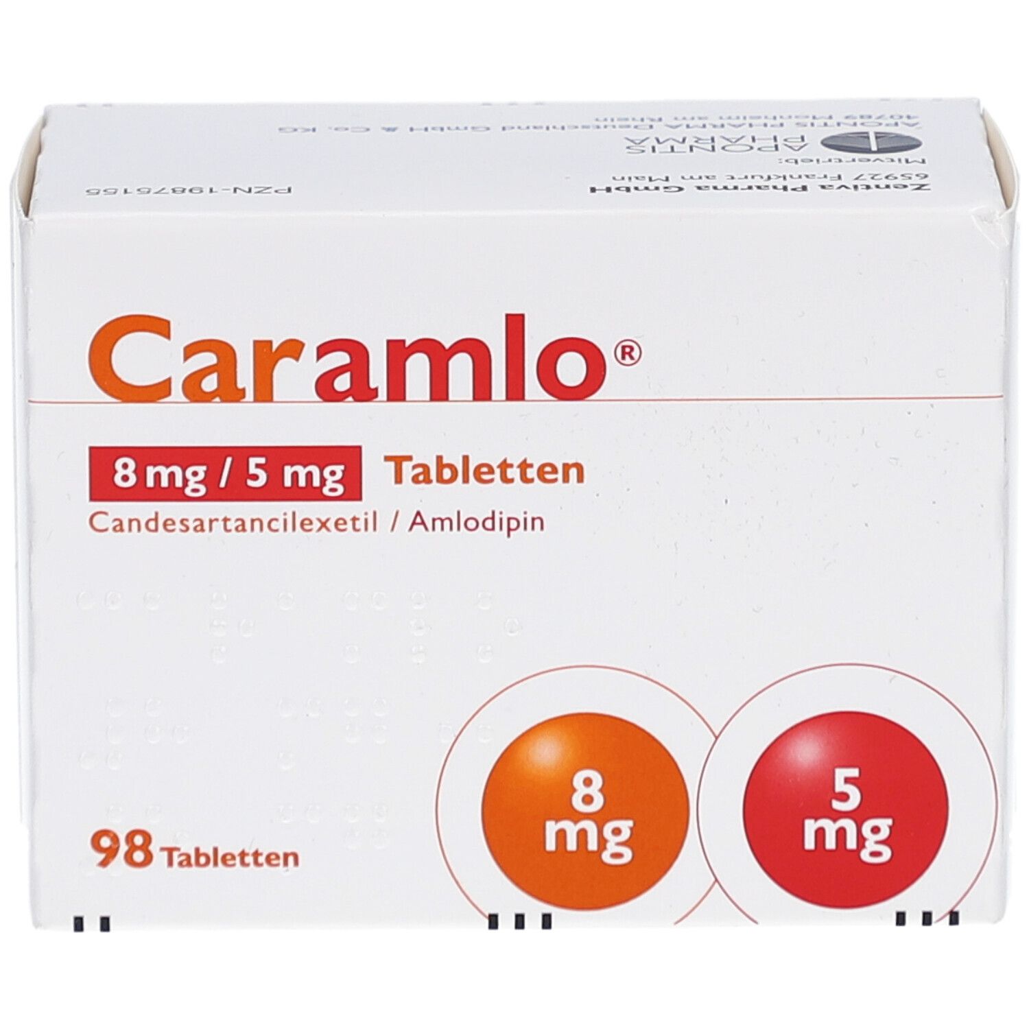 Weiße Tablettenbox mit Produktnamen und Dosierungsangaben. Zwei farbige Kreise mit Dosierungen. 98 Tabletten.