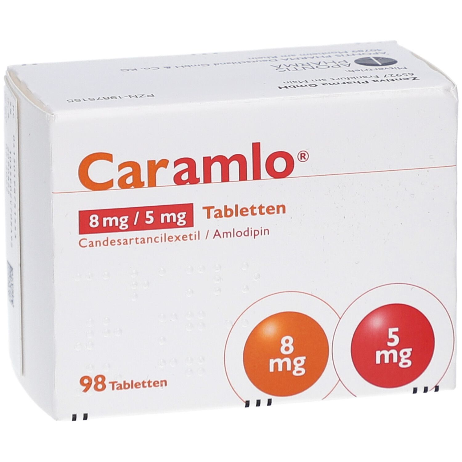 Weiße Tablettenbox mit Produktnamen und Dosierungsangaben. Zwei farbige Kreise mit Dosierungen. 98 Tabletten.