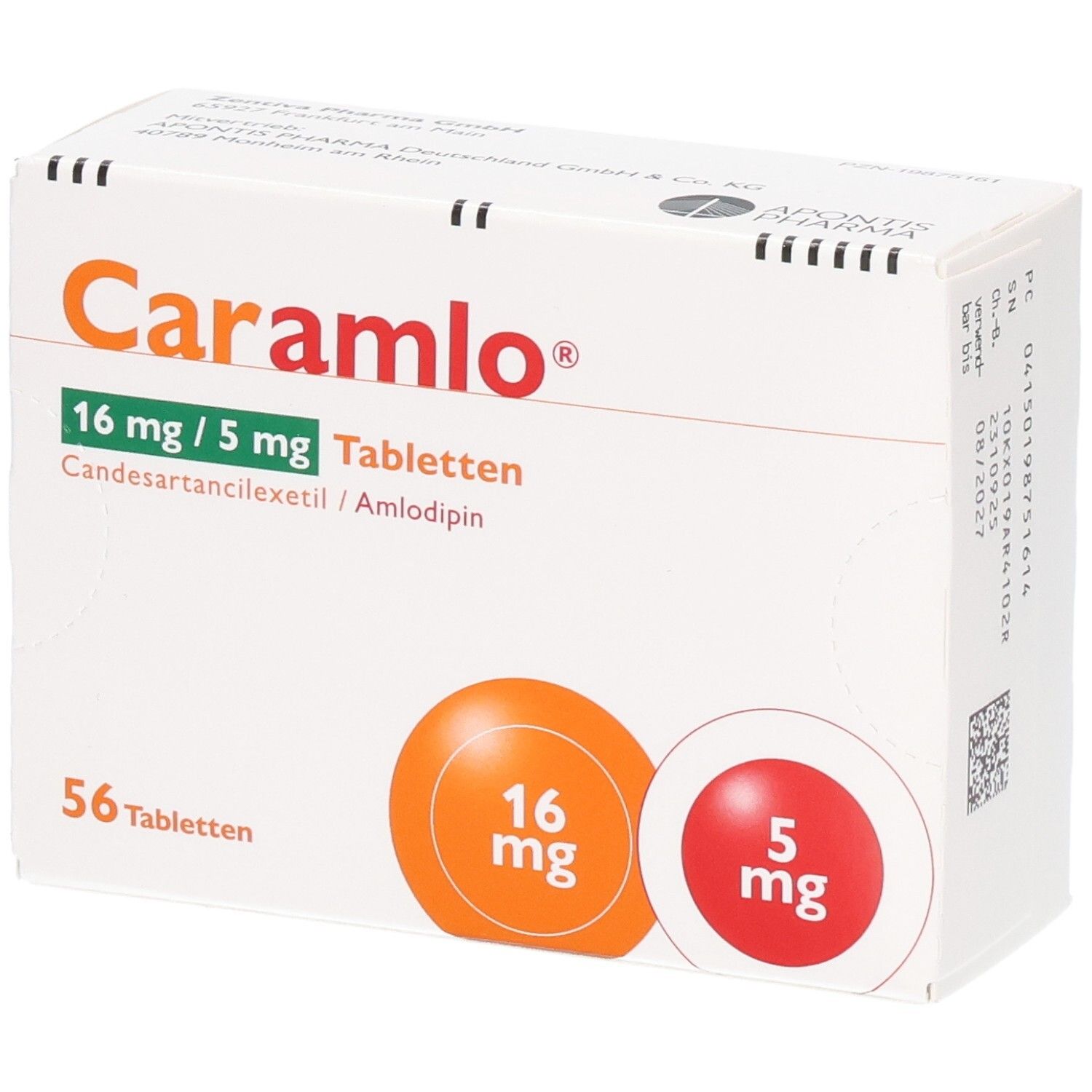 Packung CARAMLO 16 mg/5 mg Tabletten, 56 Stück. Enthält Candesartancilexetil/Amlodipin.