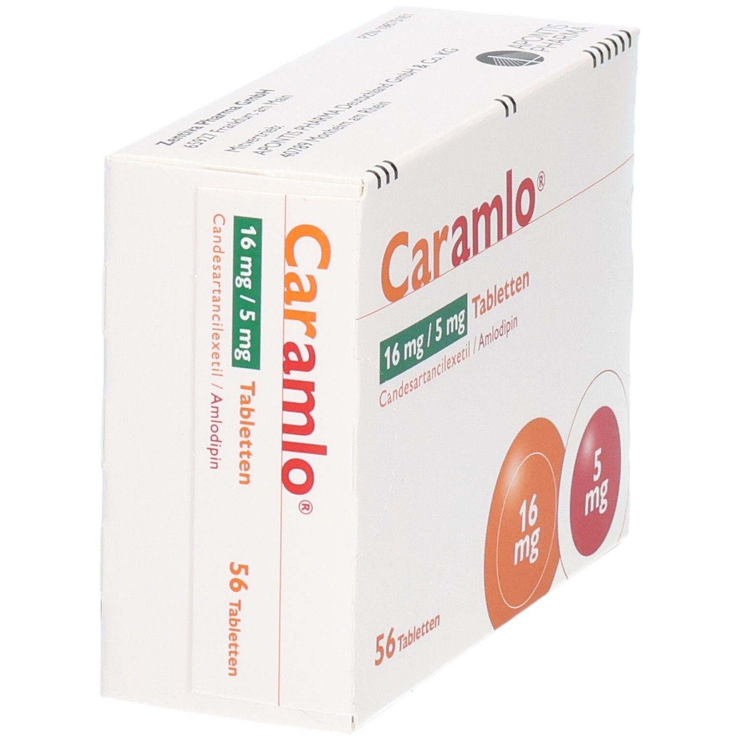 Seitenansicht der CARAMLO 16 mg/5 mg Tabletten Packung mit 56 Stück.