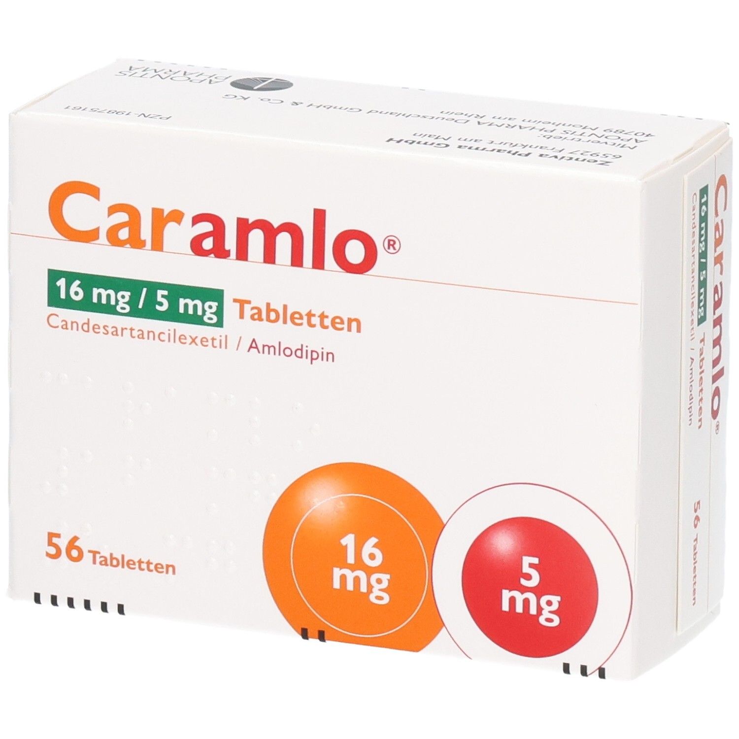Vorderseite der CARAMLO 16 mg/5 mg Tabletten Packung, 56 Stück.