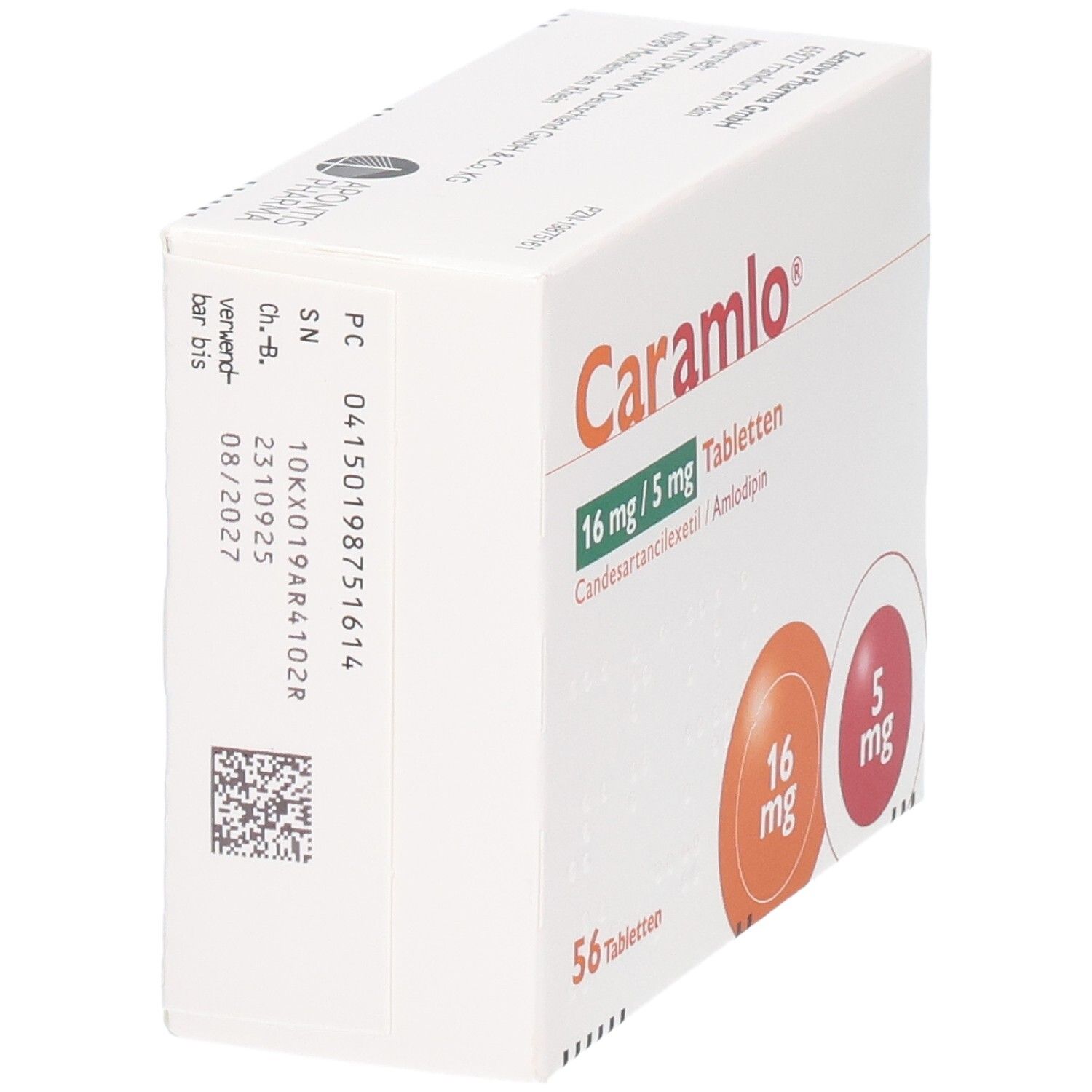 Rückseite der CARAMLO 16 mg/5 mg Tabletten Packung mit Chargennummer und Verfallsdatum.