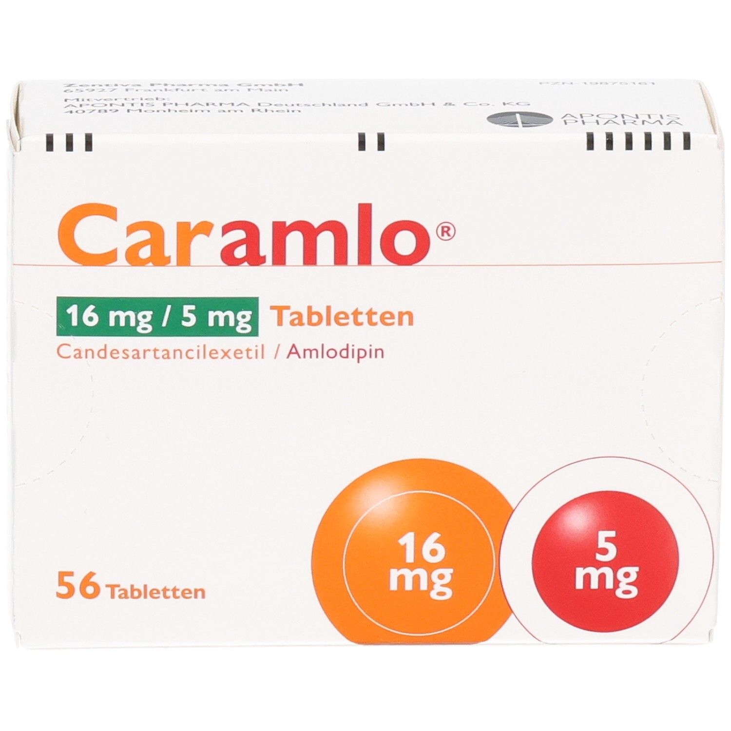 Vorderansicht der CARAMLO 16 mg/5 mg Tabletten Packung, 56 Stück.