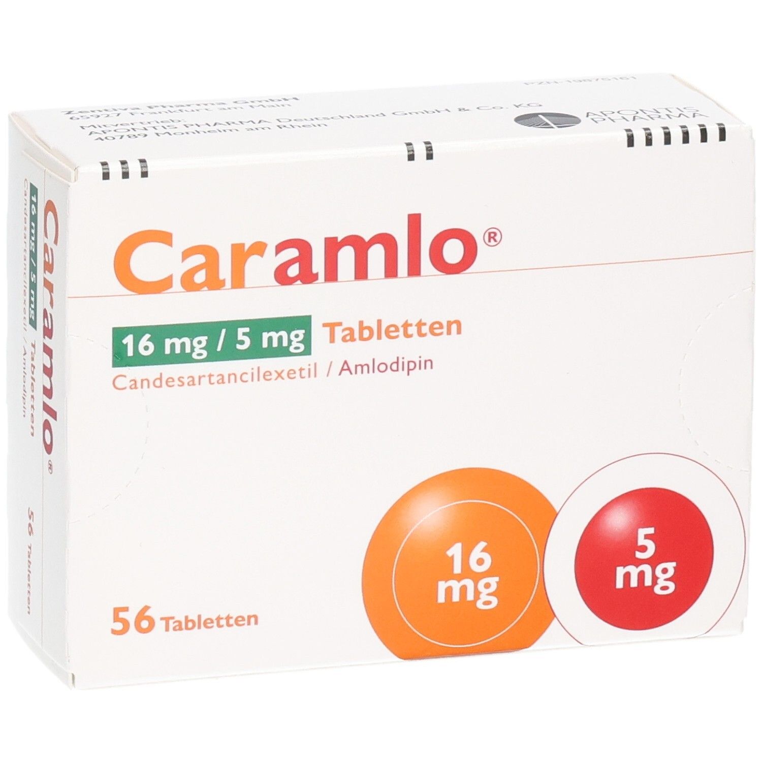 Schräge Ansicht der CARAMLO 16 mg/5 mg Tabletten Packung, 56 Stück.