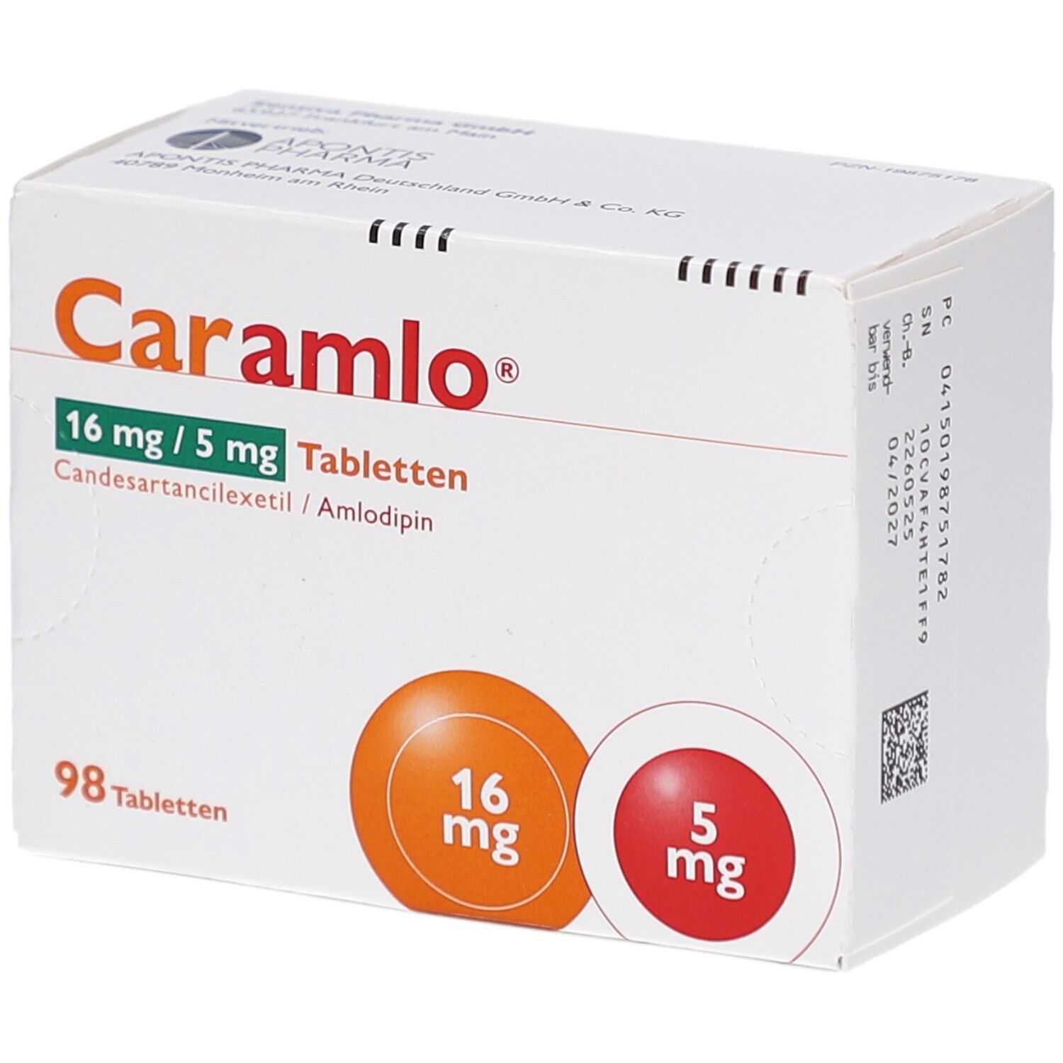 Schachtel mit Tabletten. Aufschrift: Caramlo 16 mg/5 mg Tabletten. 98 Tabletten. Zwei farbige Kreise mit Dosierungsangaben.