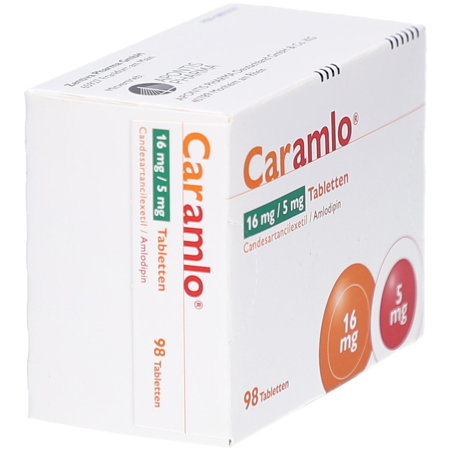 Schachtel mit Tabletten. Aufschrift: Caramlo 16 mg/5 mg Tabletten. 98 Tabletten. Zwei farbige Kreise mit Dosierungsangaben. Seitenansicht.